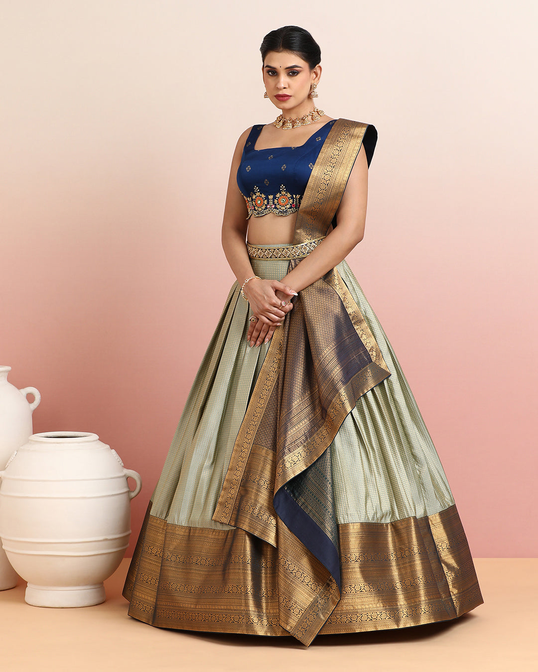 Navy Blue and Sage Green Kanchipuram Pre Draped Lehanga Set