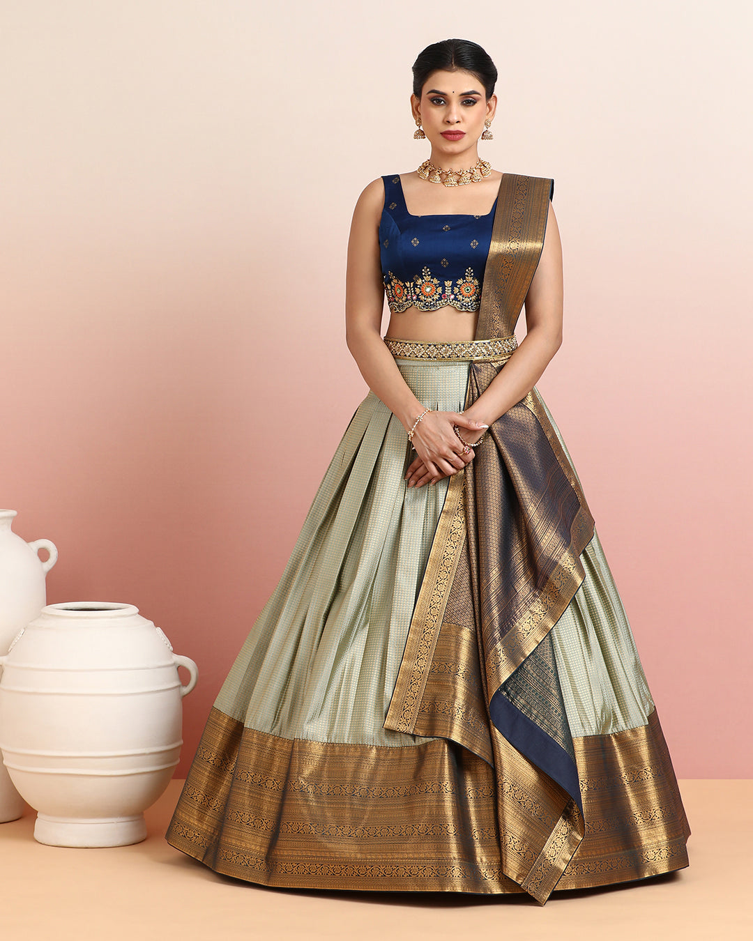 Navy Blue and Sage Green Kanchipuram Pre Draped Lehanga Set
