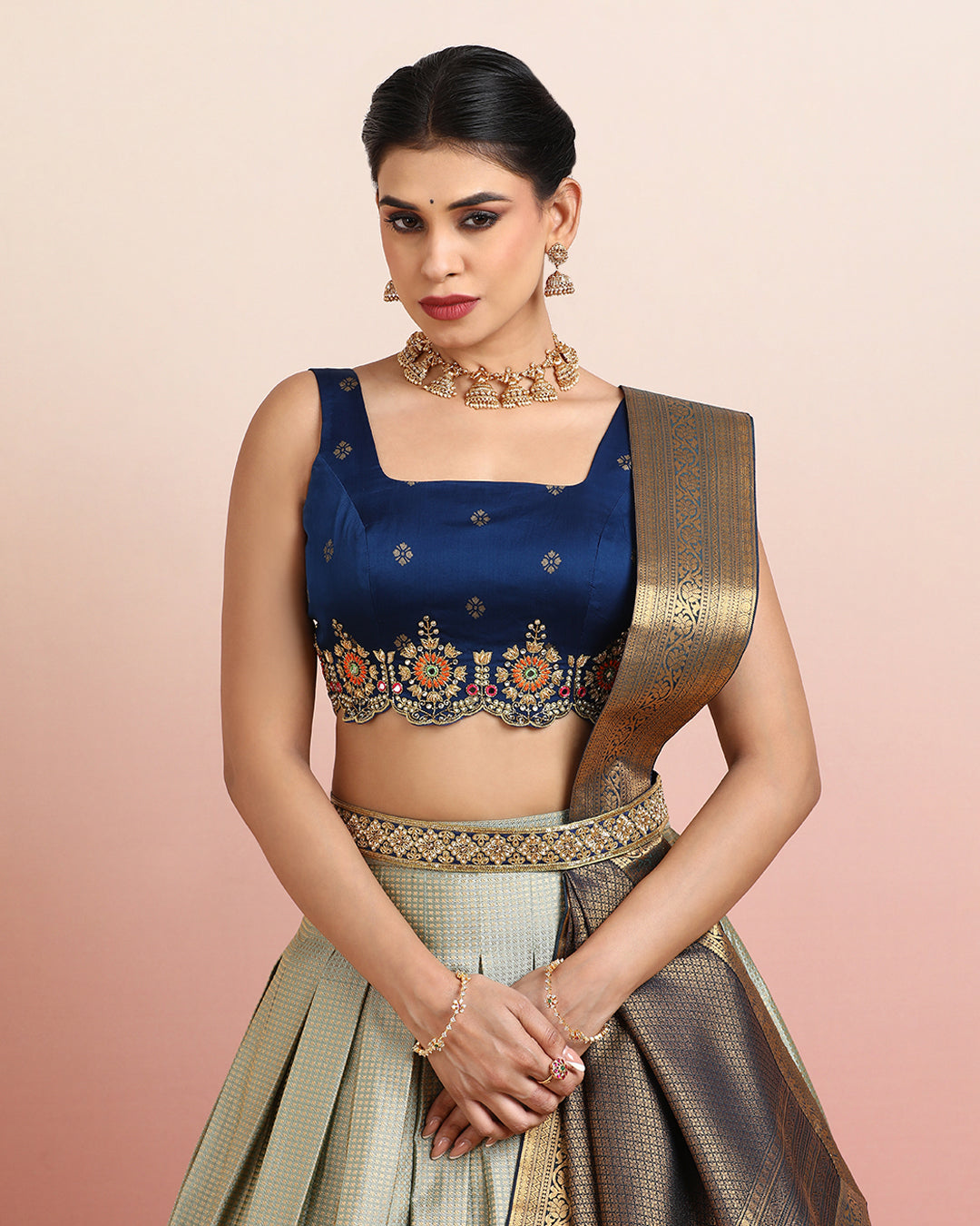 Navy Blue and Sage Green Kanchipuram Pre Draped Lehanga Set