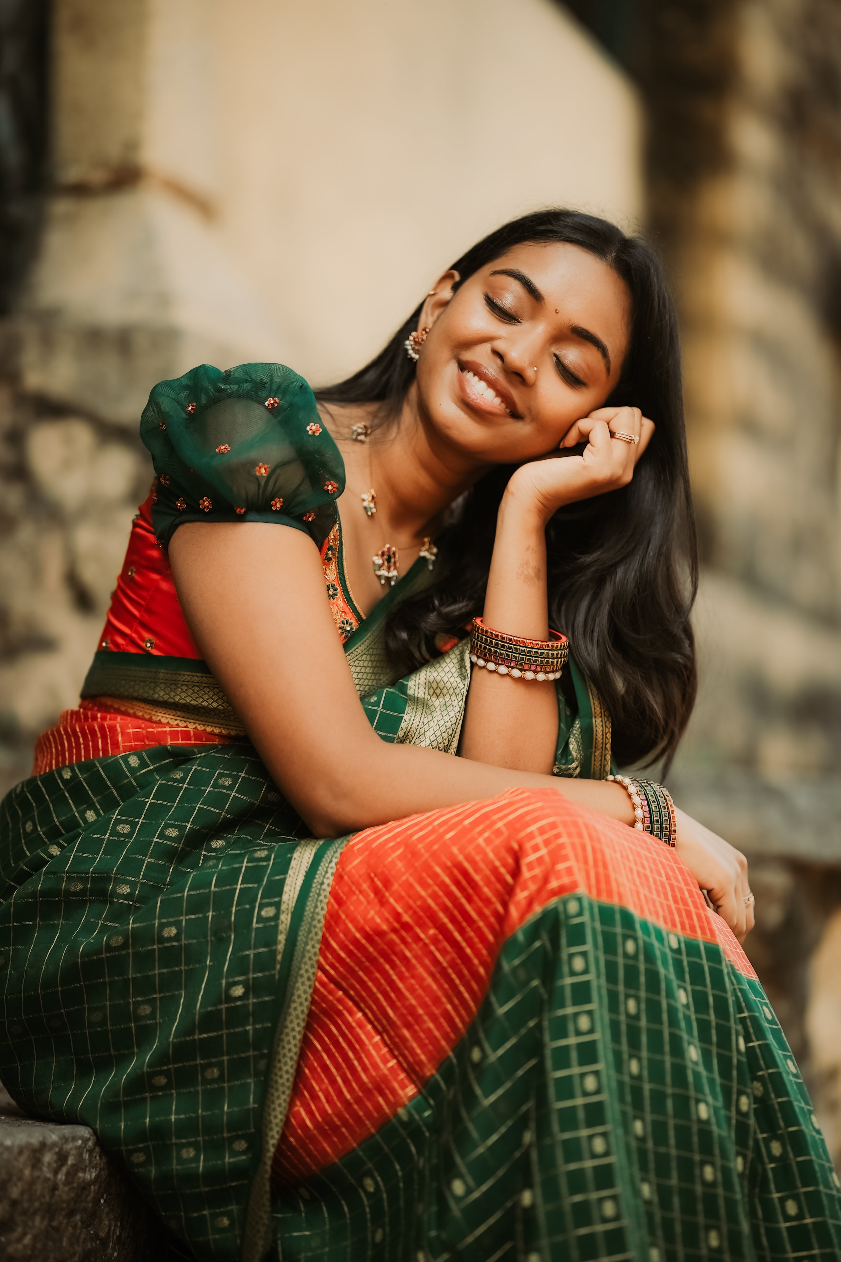 Pure Mysore Silk Crepe - Red with Green Half & Half Pattern