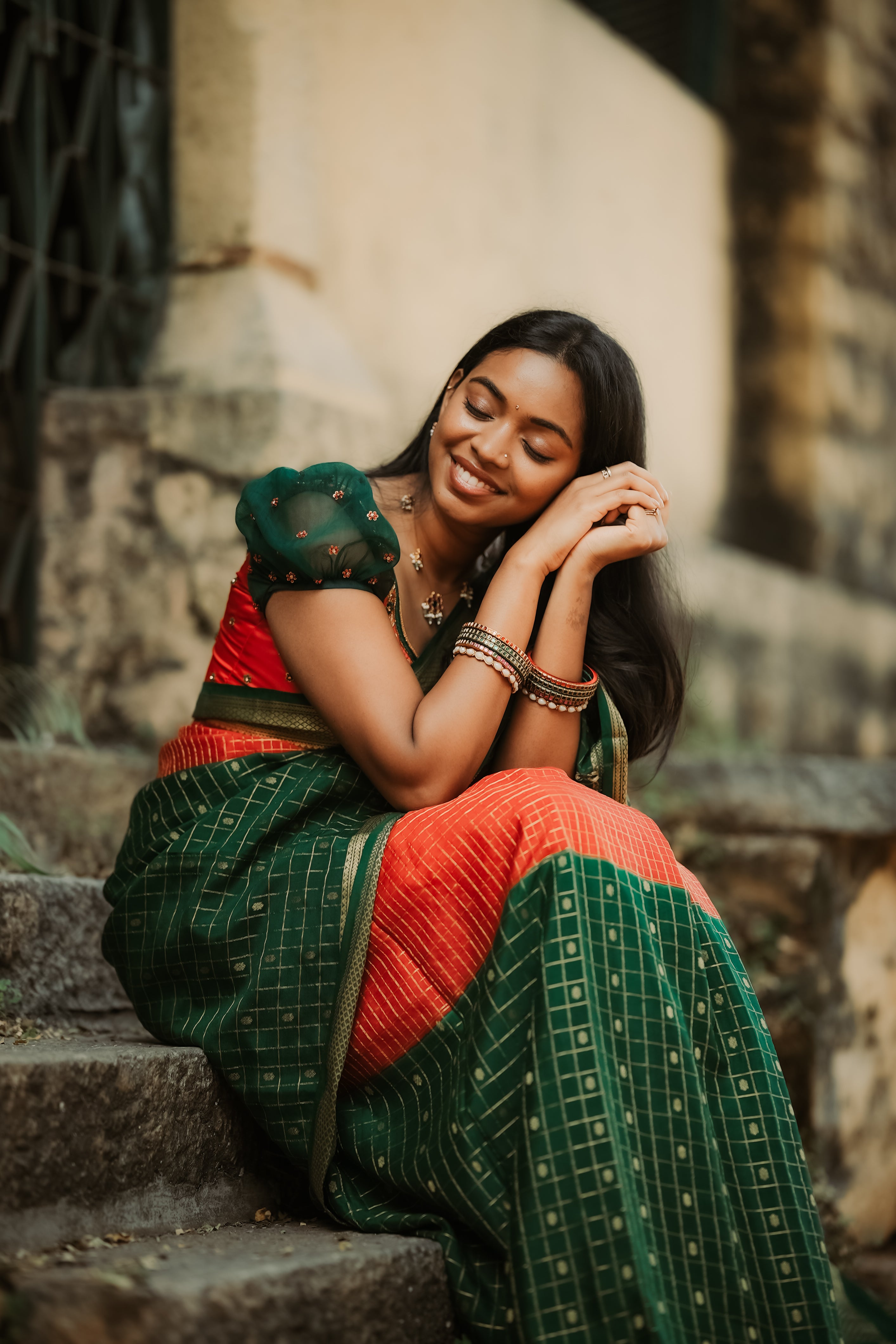 Pure Mysore Silk Crepe - Red with Green Half & Half Pattern