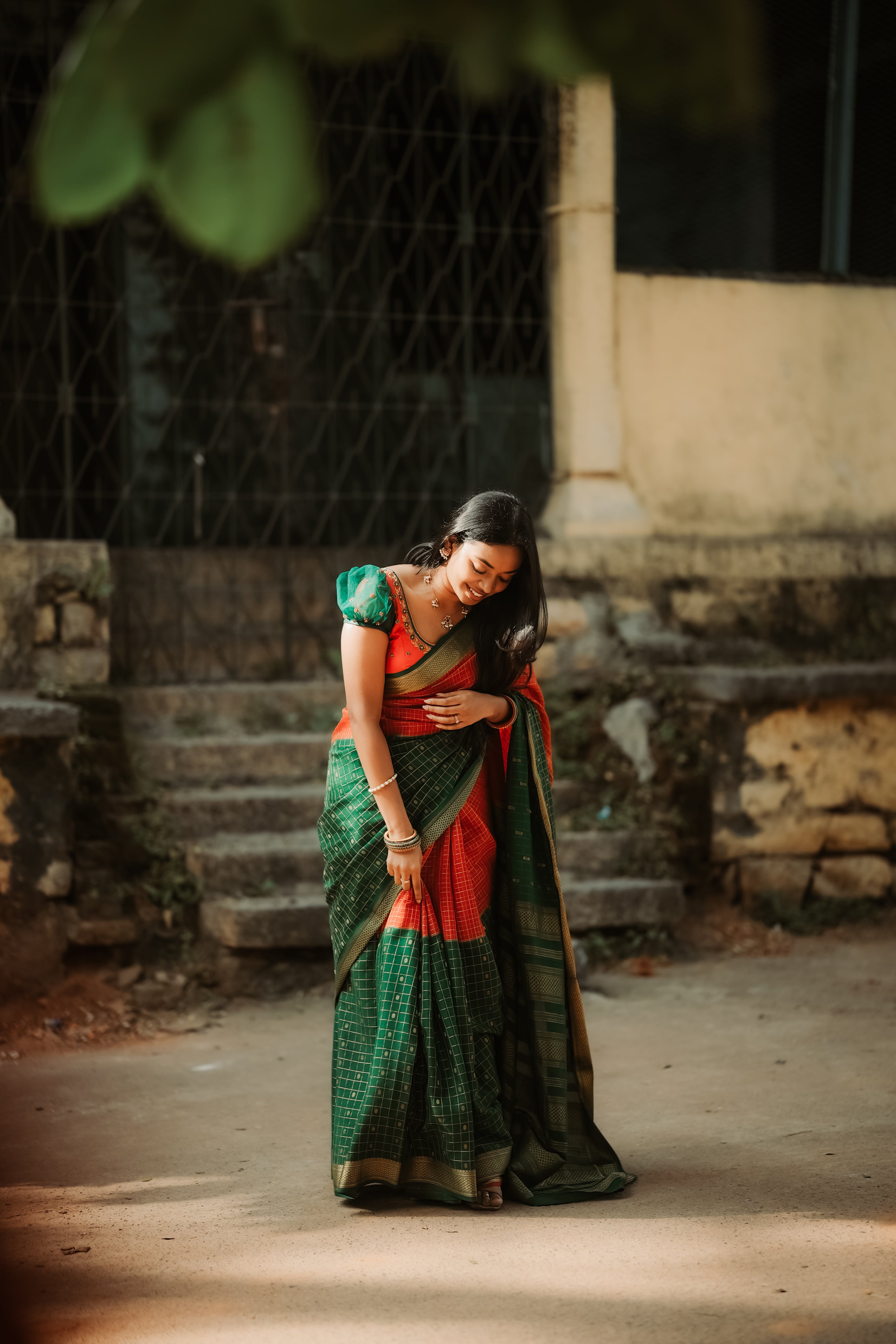 Pure Mysore Silk Crepe - Red with Green Half & Half Pattern