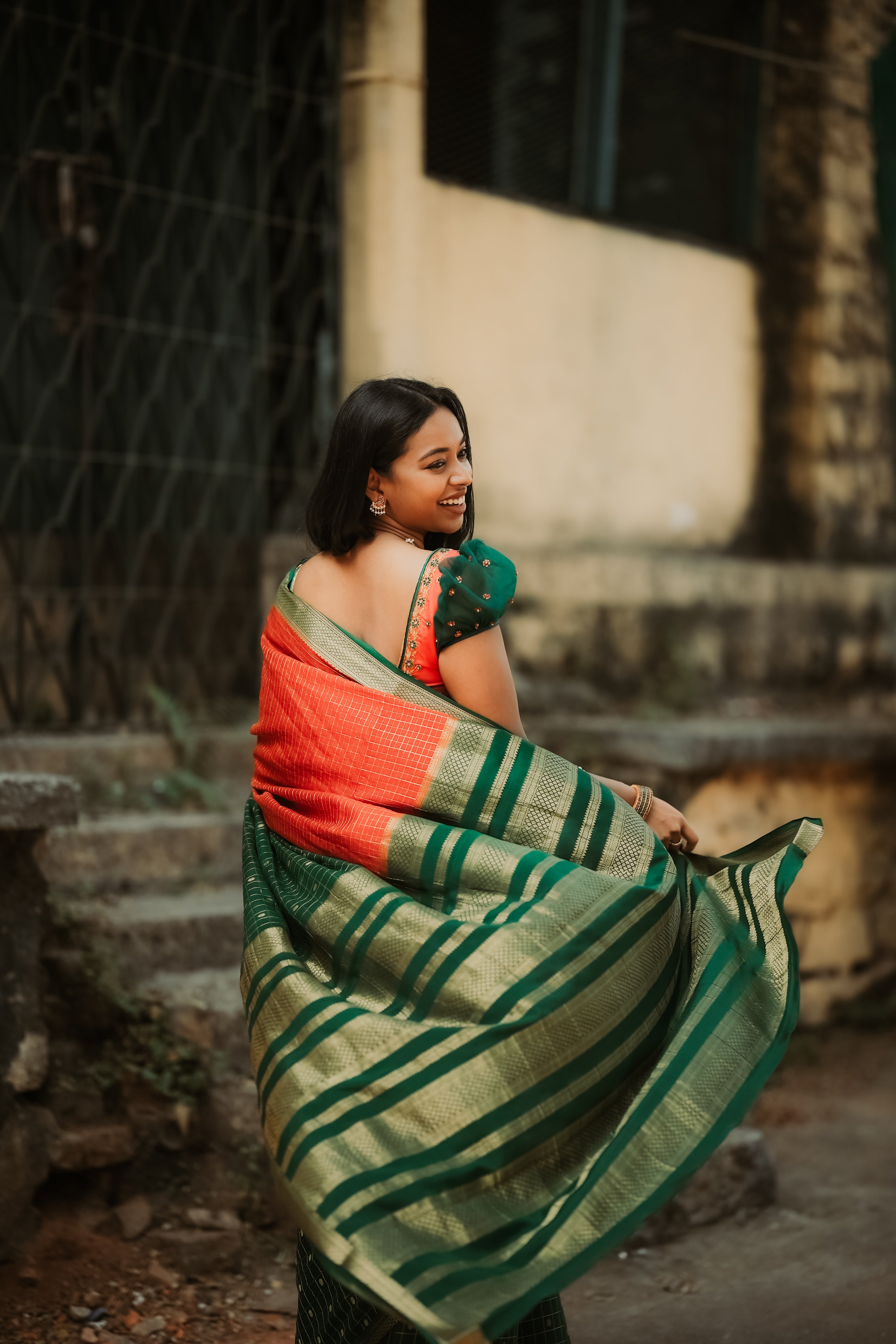 Pure Mysore Silk Crepe - Red with Green Half & Half Pattern