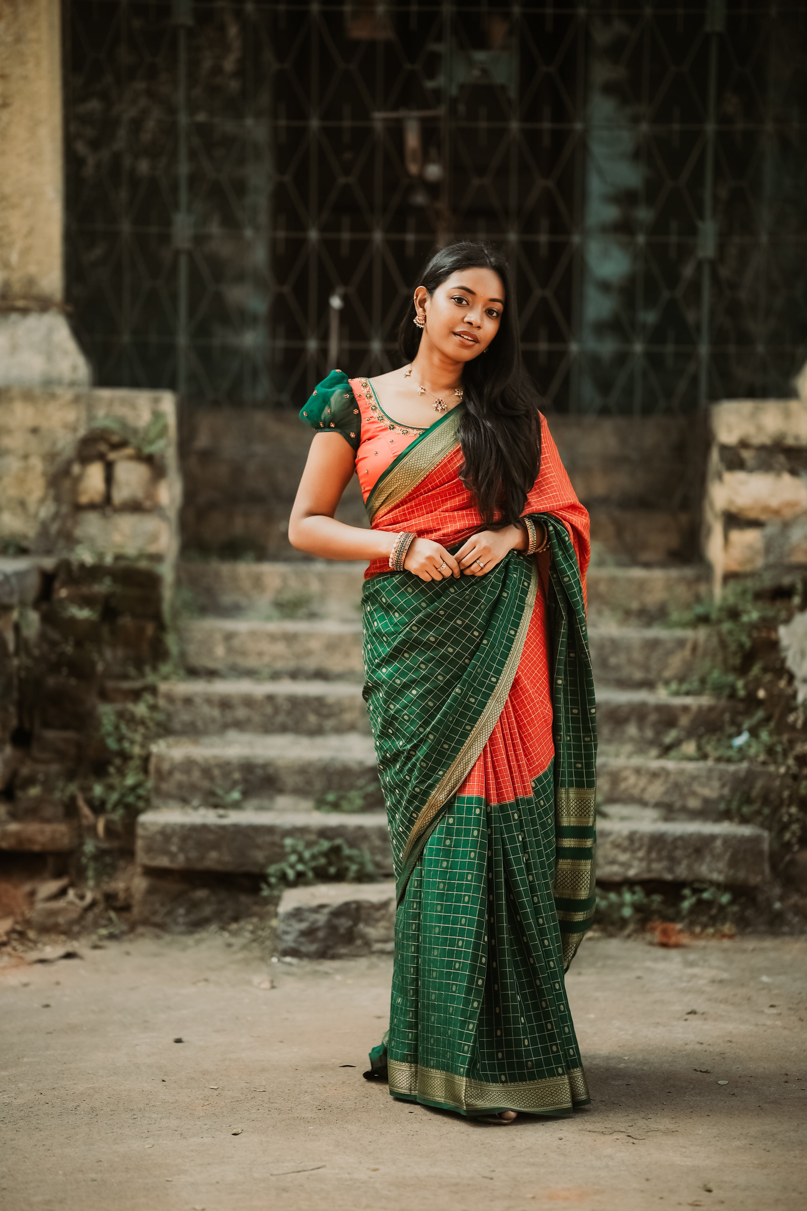 Pure Mysore Silk Crepe - Red with Green Half & Half Pattern
