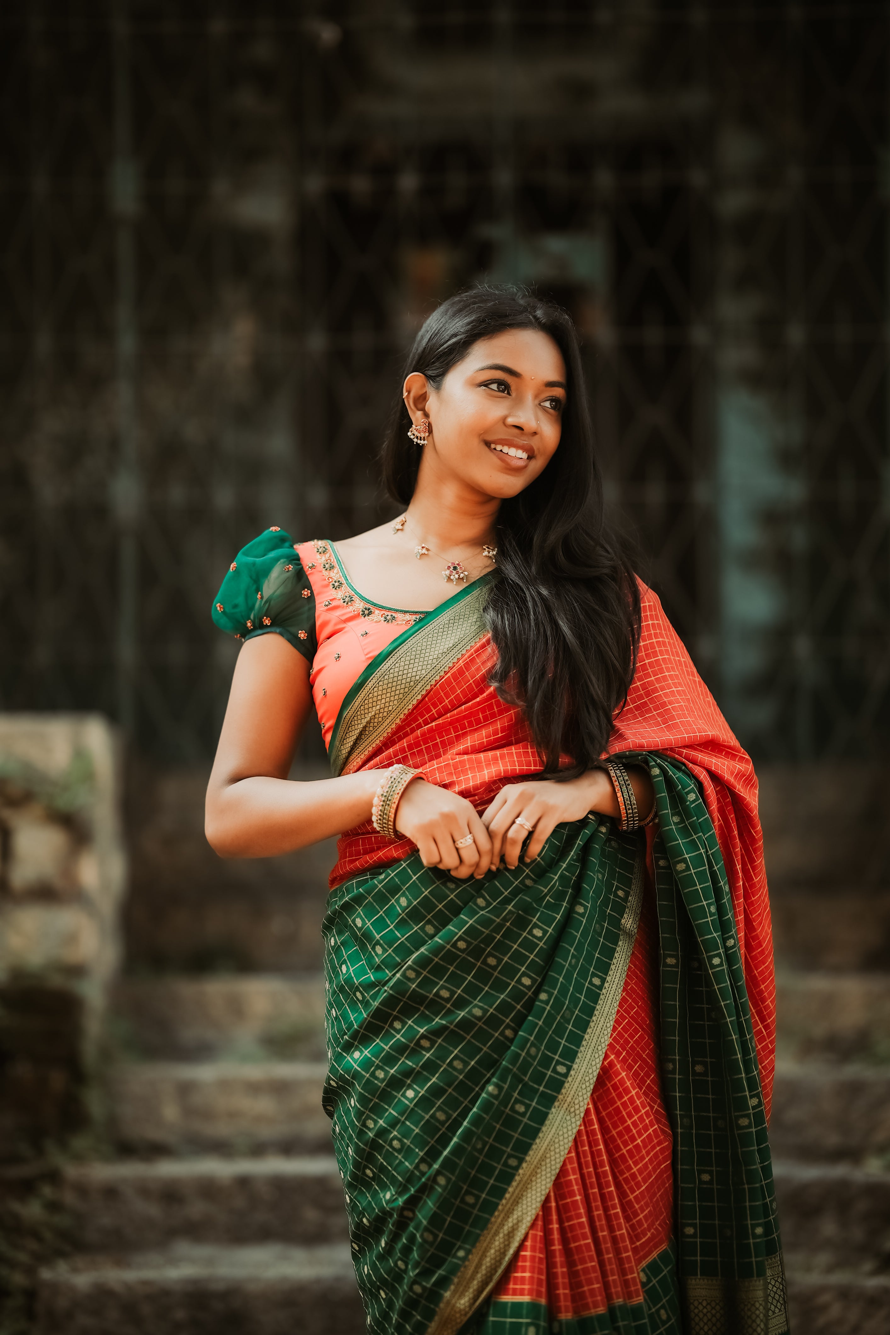 Pure Mysore Silk Crepe - Red with Green Half & Half Pattern