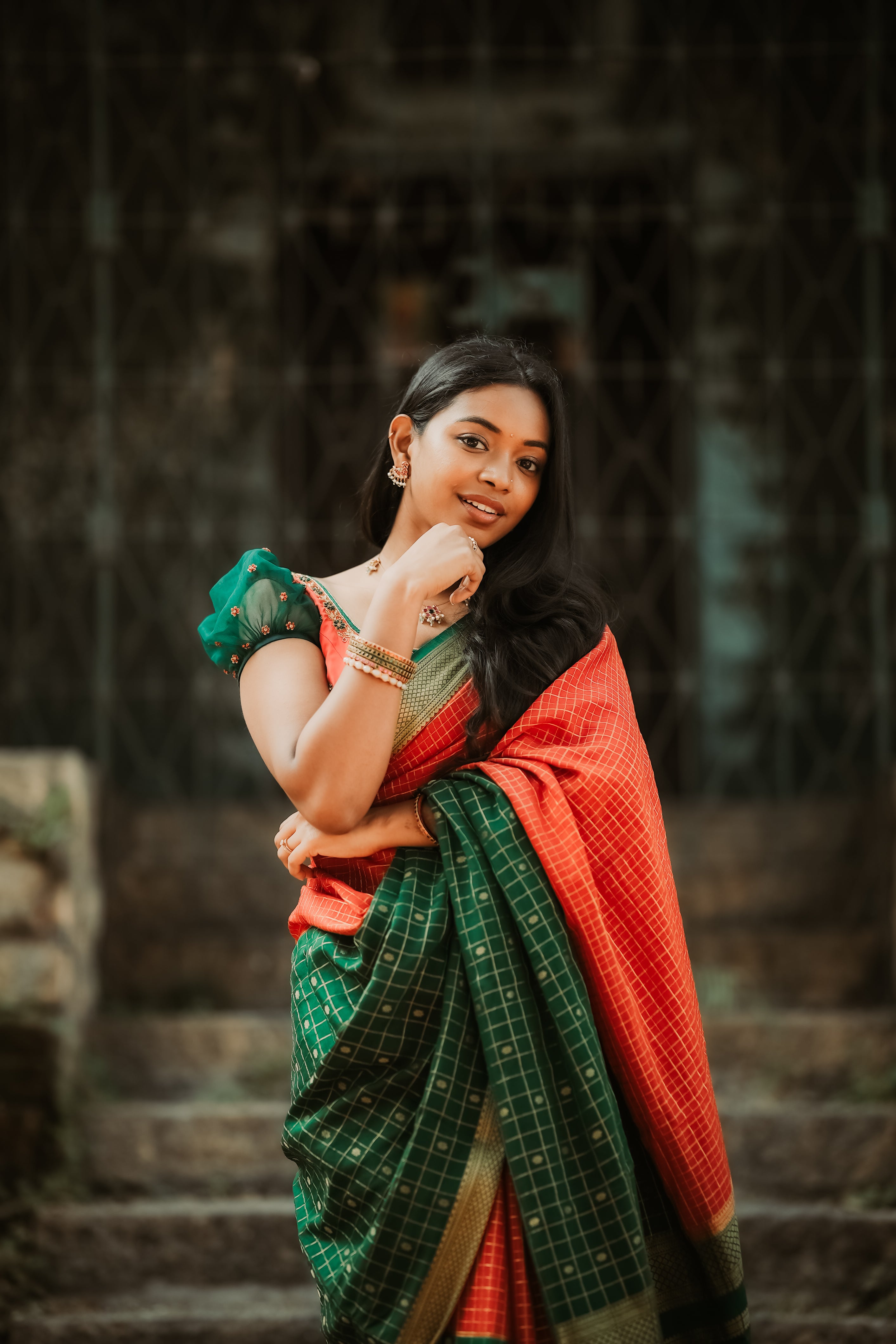 Pure Mysore Silk Crepe - Red with Green Half & Half Pattern