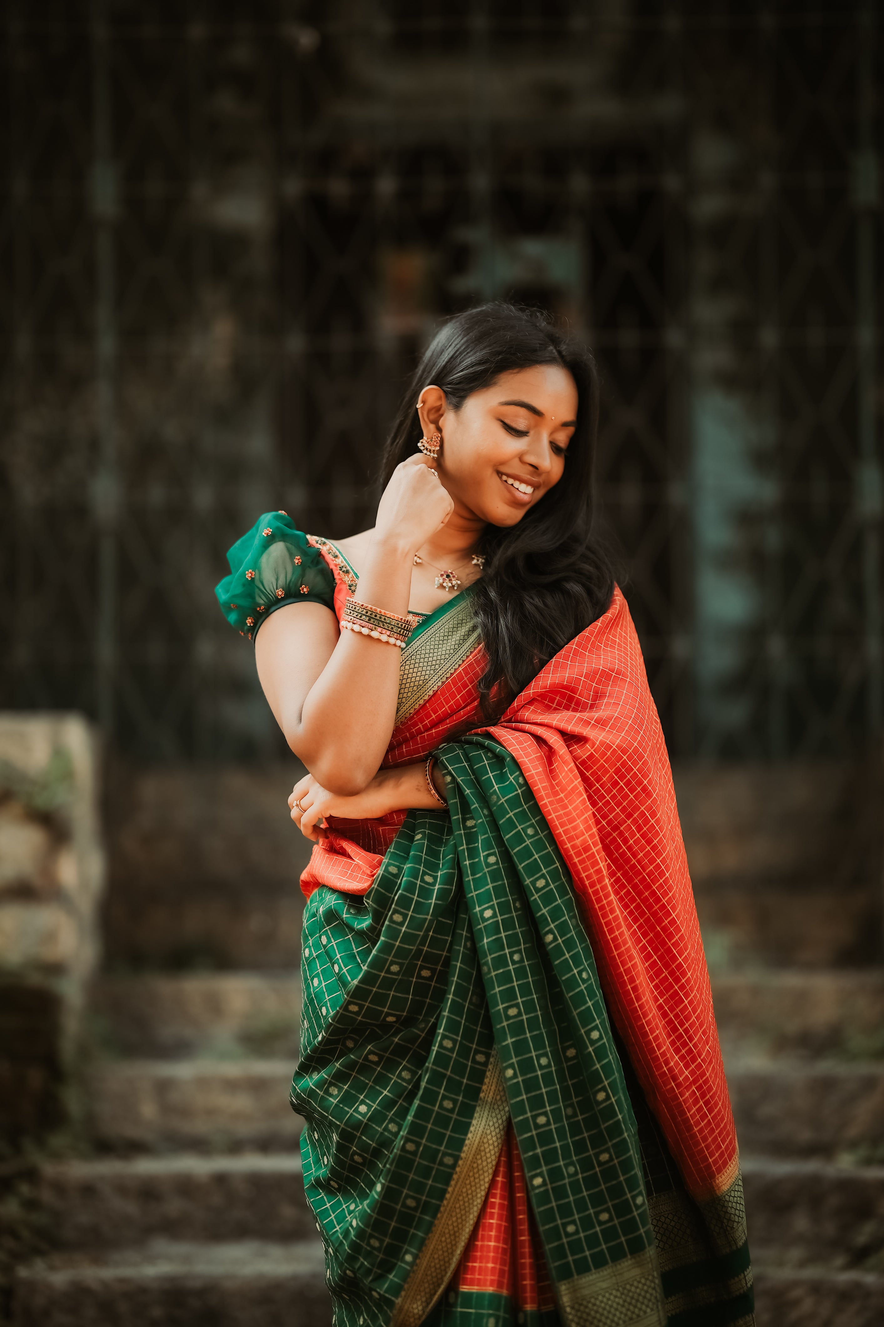Pure Mysore Silk Crepe - Red with Green Half & Half Pattern