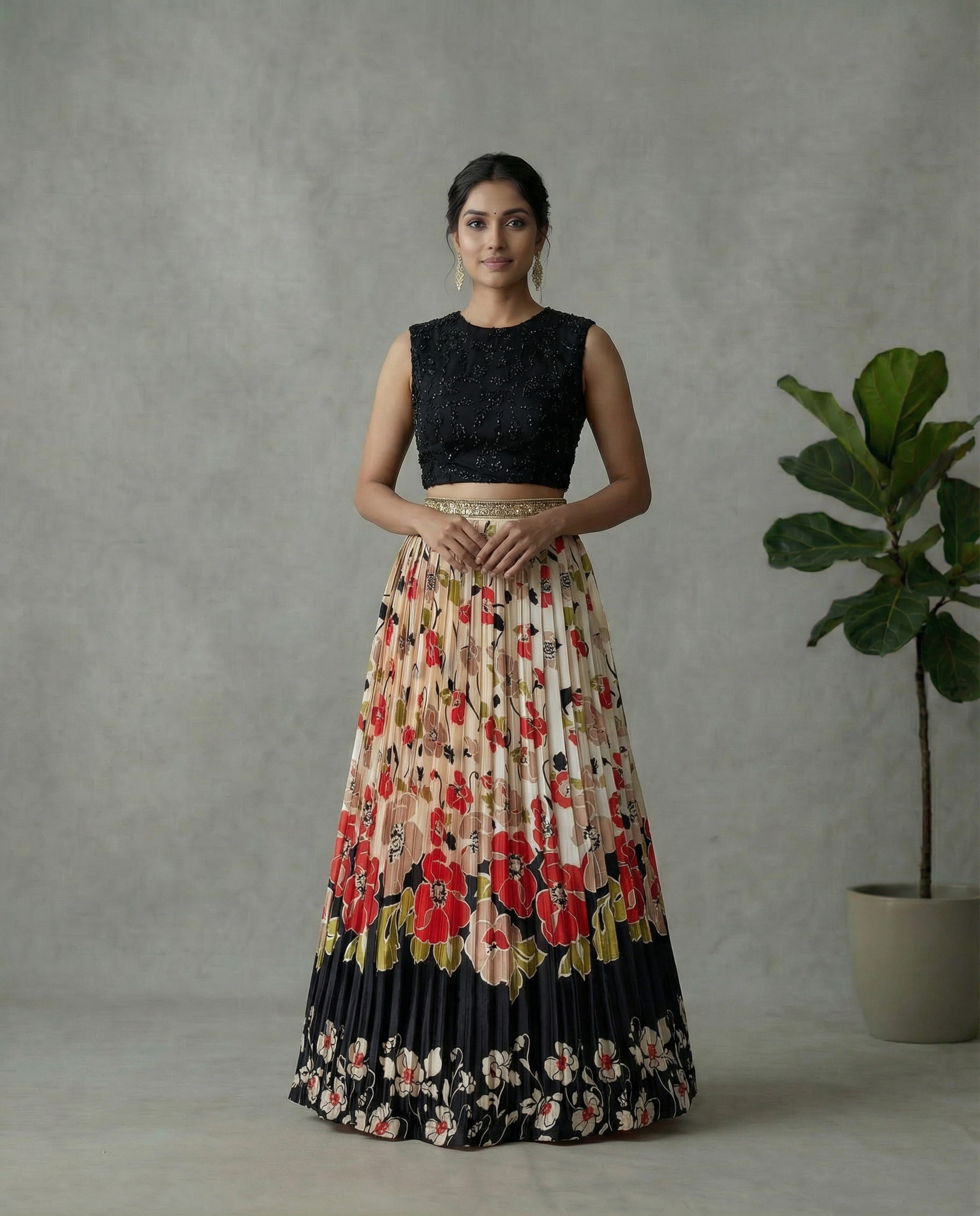 Chic Black Floral Pleated Lehenga