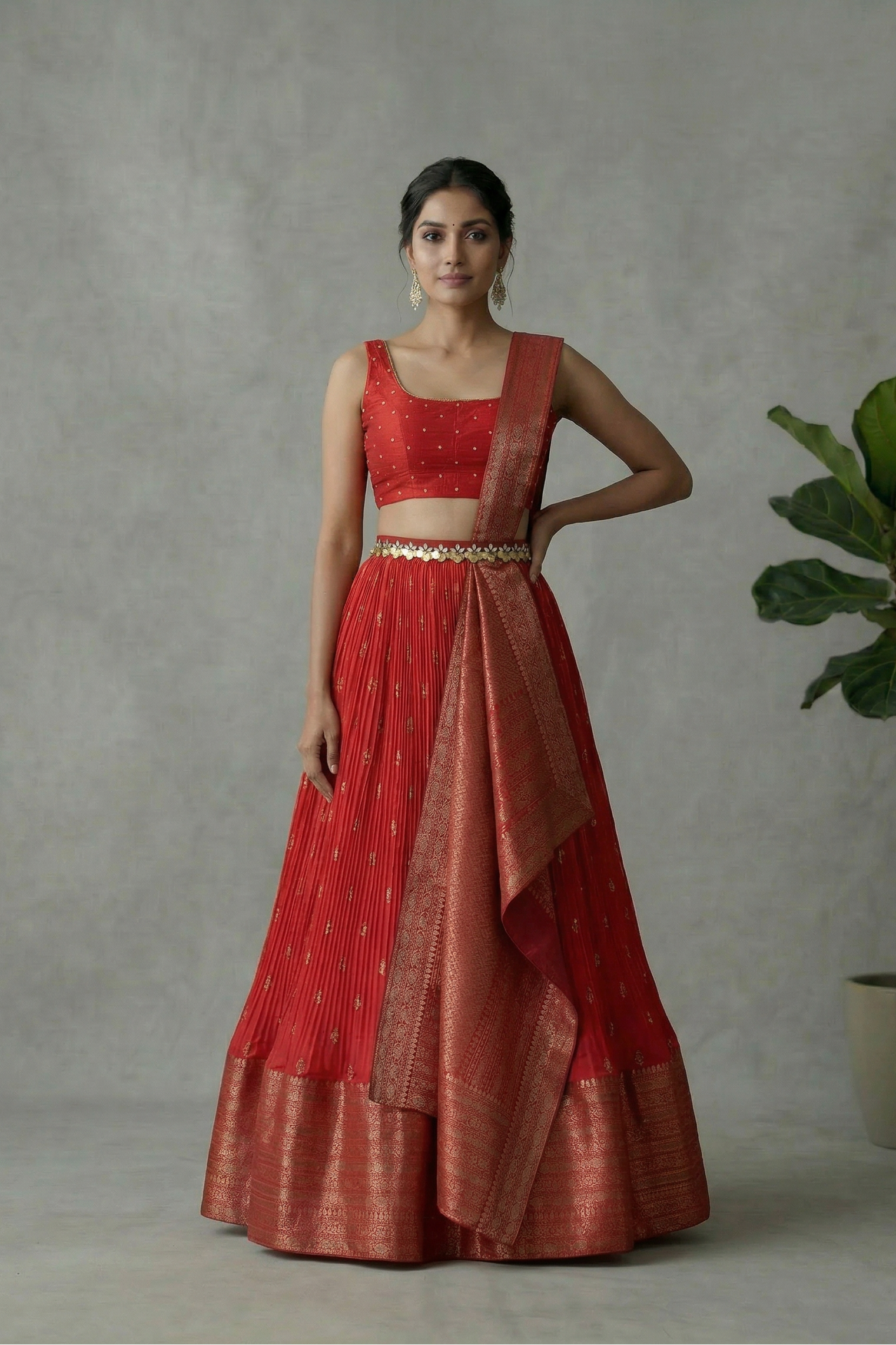 Red Banarasi Pre Draped Lehenga Set