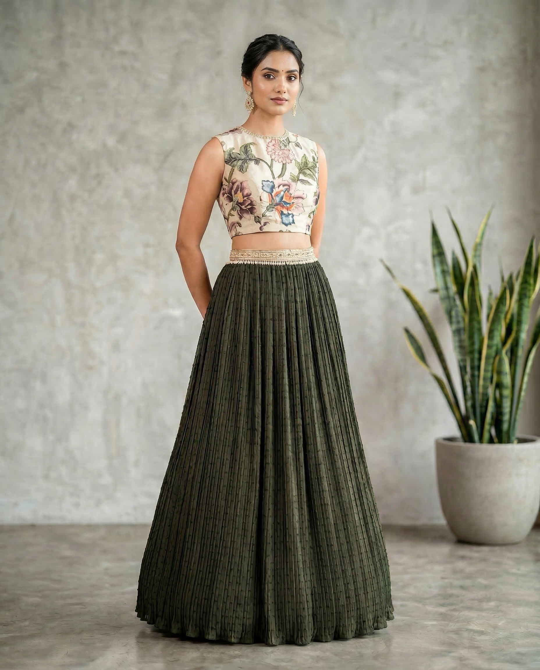 Olive Floral Lehenga Set