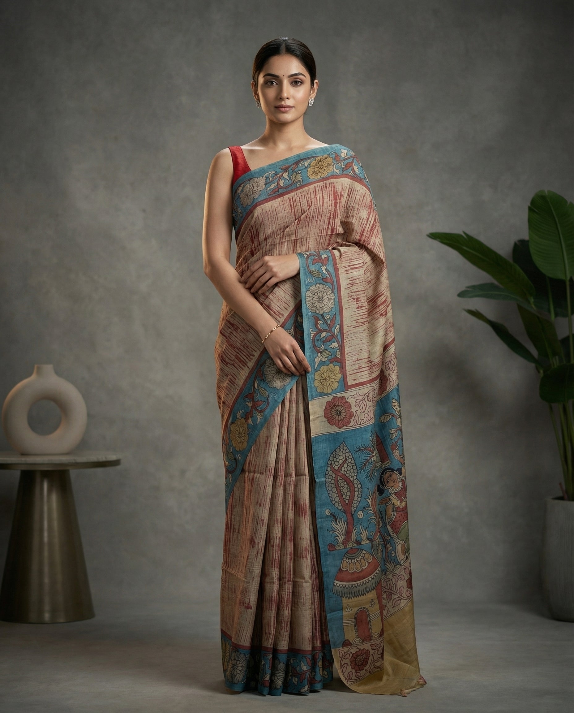 Pure Handloom Tussar with Pen Kalamkari X Ajrak Block