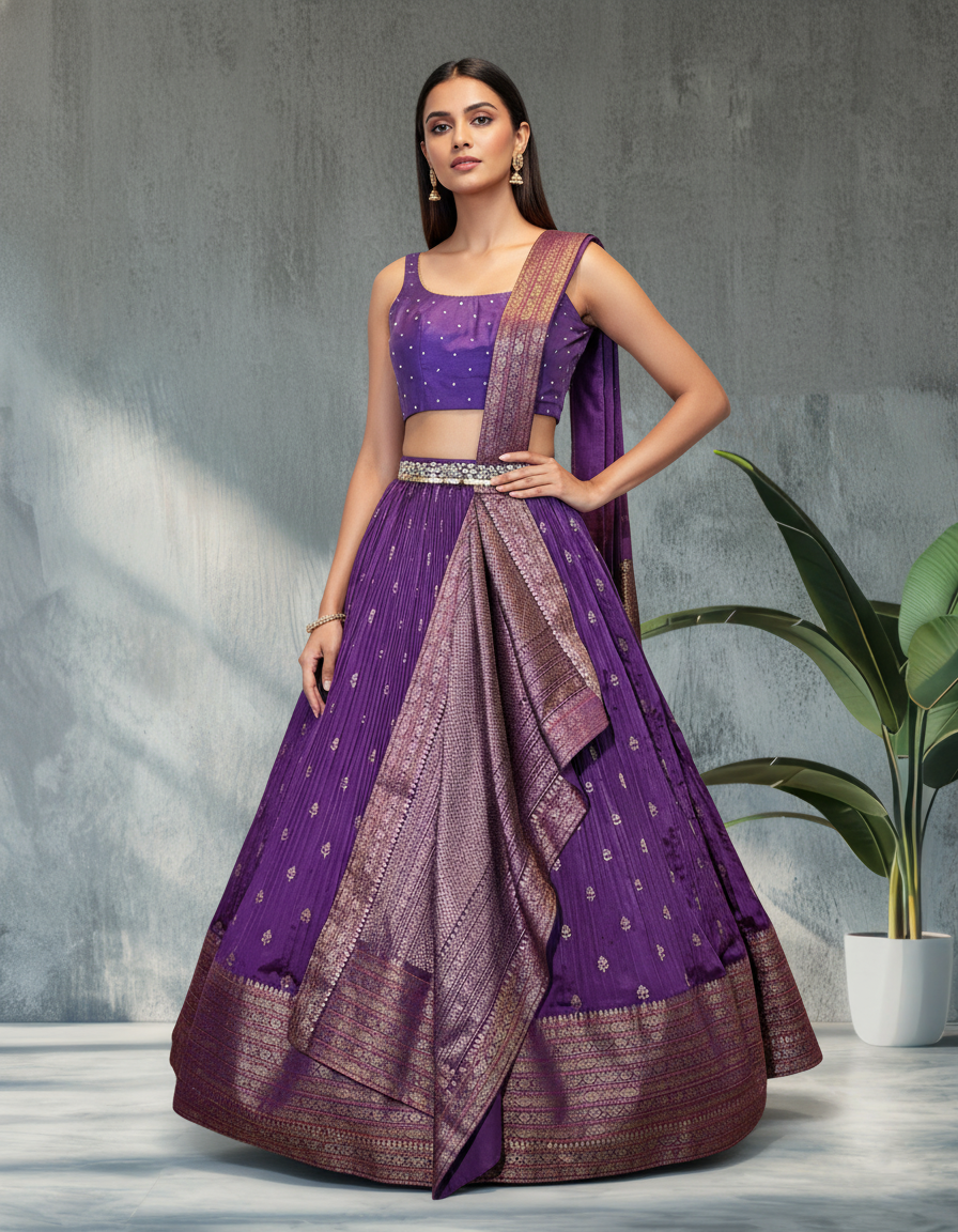 Purple Banarasi Pre Draped Lehenga Set