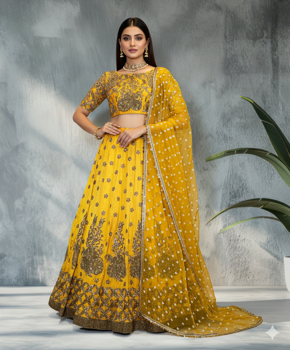 Heavy Hand Embroidered Lehanga Set - Sunshine Yellow