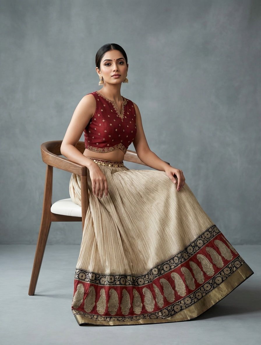 Maroon & Beige Embroidered Crop Top Skirt