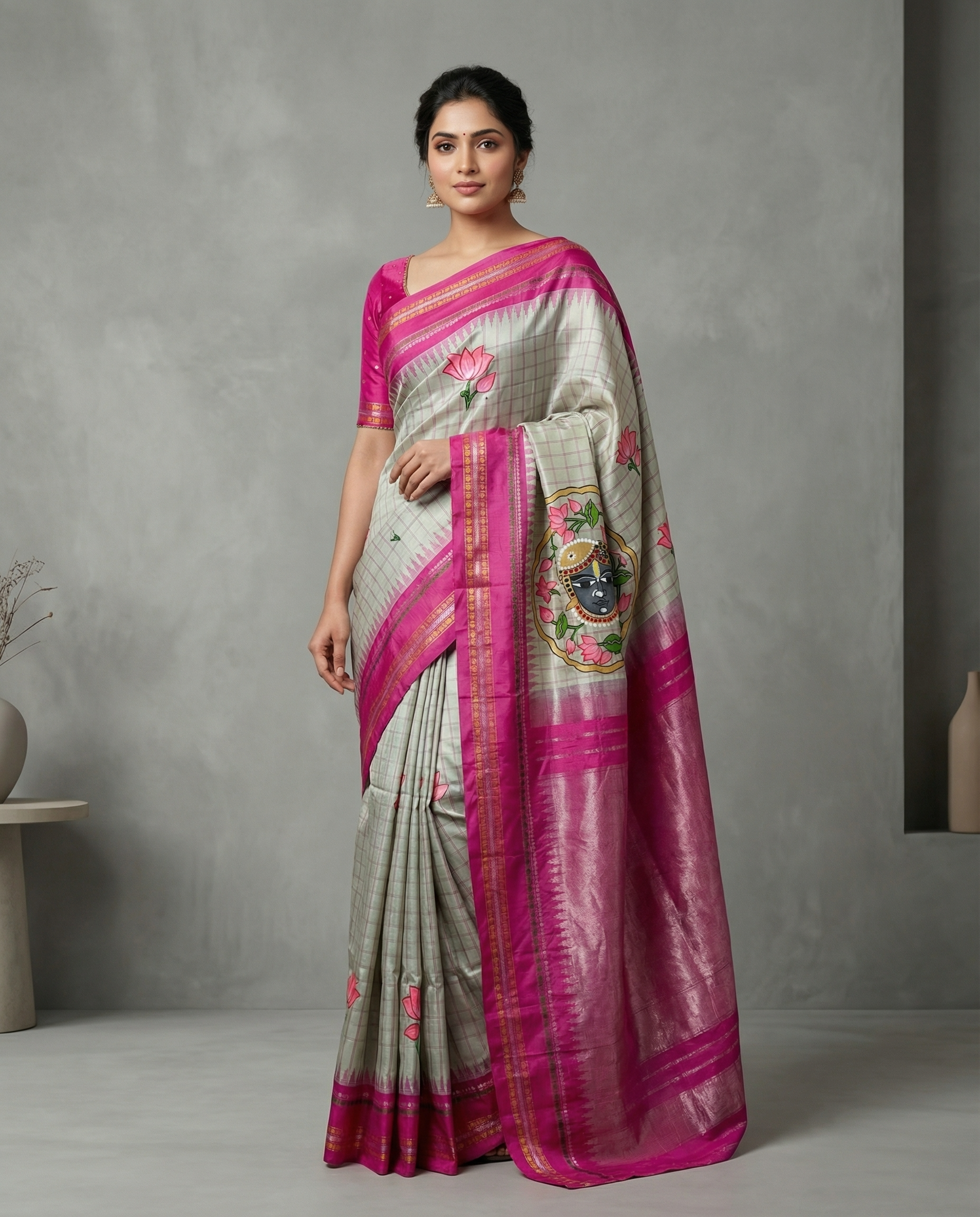 Pure Handloom Gadwal X Hand Painting - Soft Pink & Beige