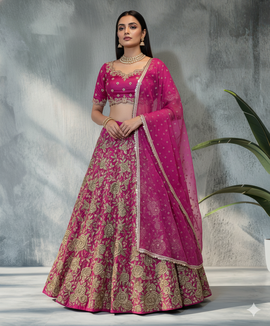 Heavy Hand Embroidered Lehanga Set - Pink