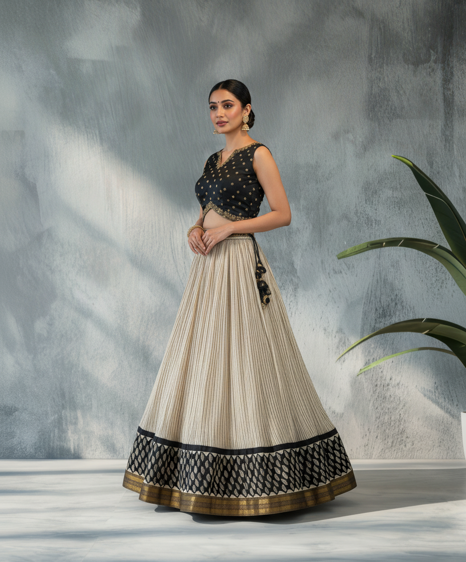 Beige Skirt with Black Leaf Motif Border