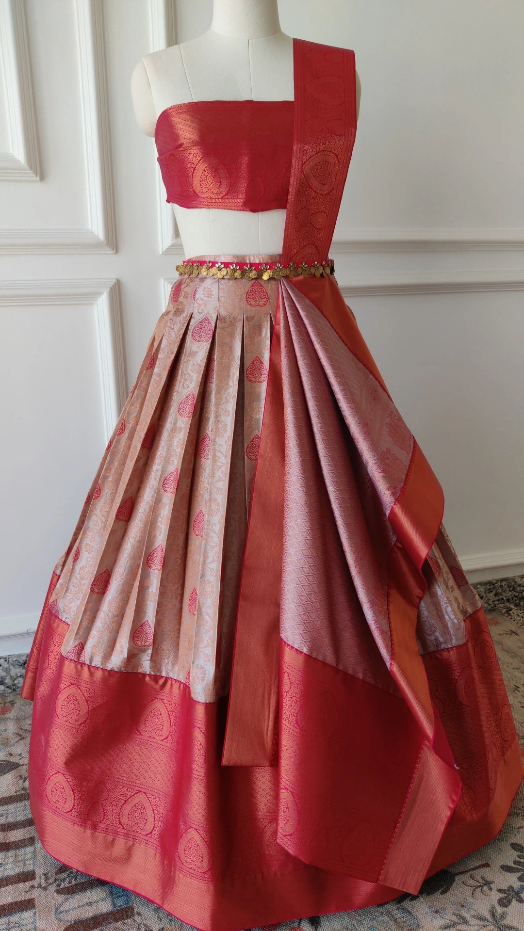 Pinkish Grey & Red Pre-Draped Lehanga Set