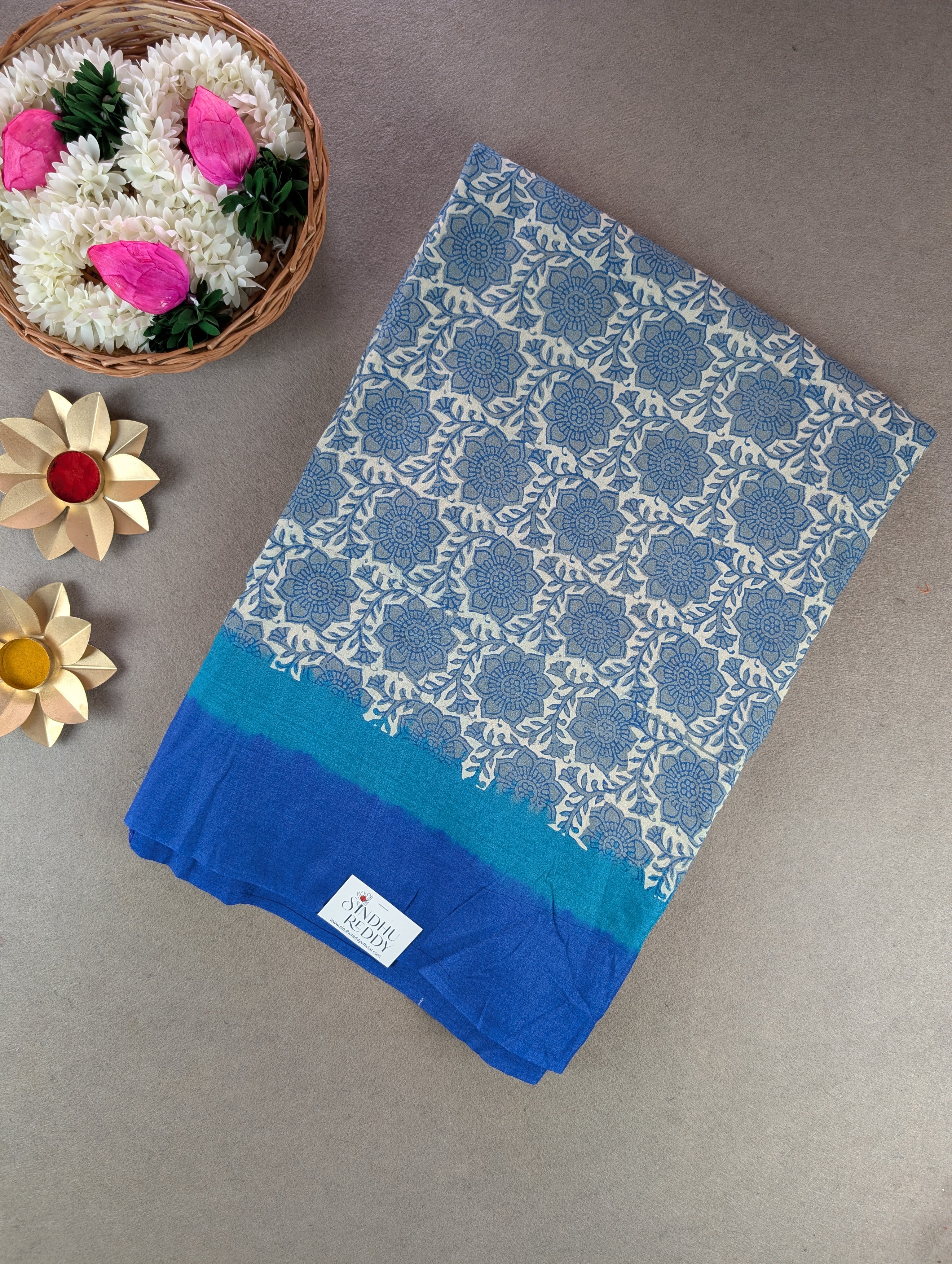 Block Print X Bandhani - Cyan Blue & Teal Blue