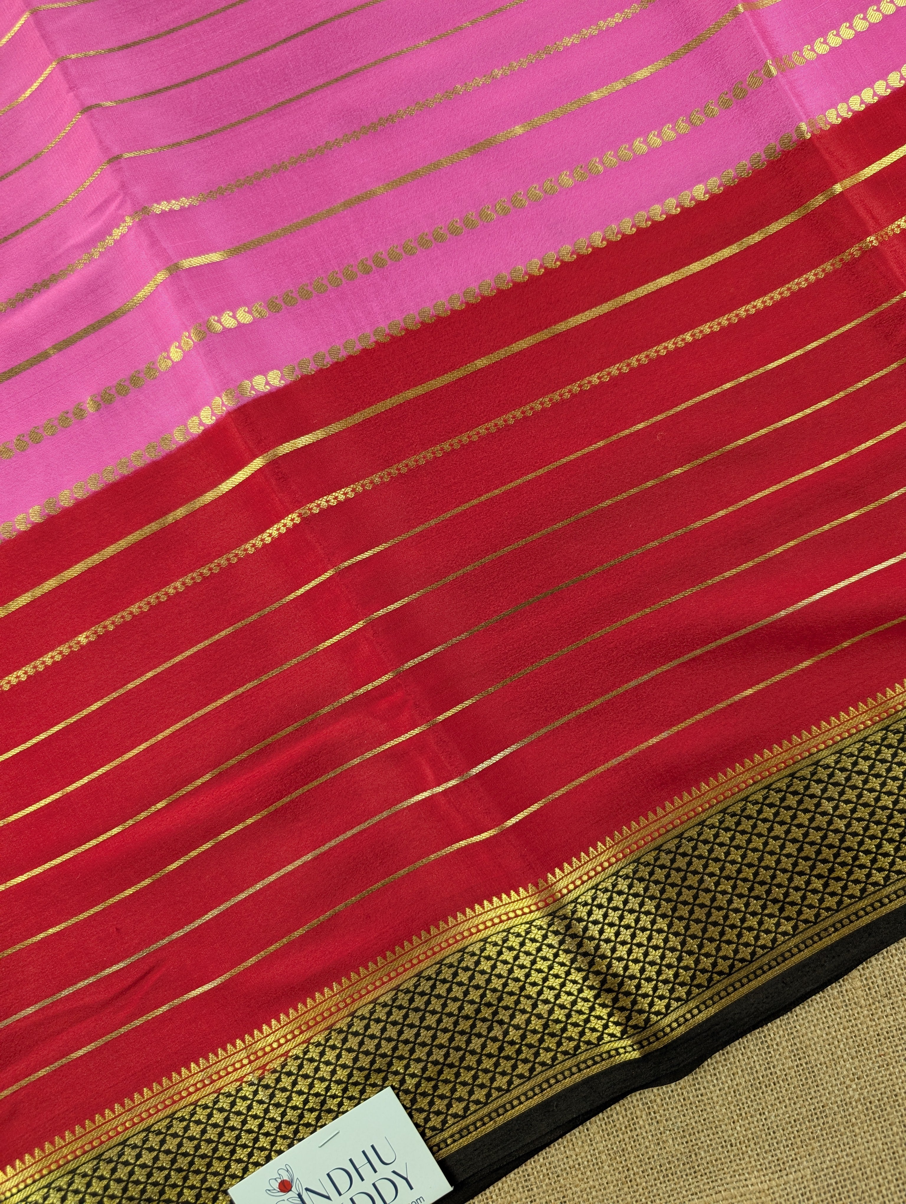 Pure Mysore Silk Crepe - Pink with Red & Black 3D Pattern