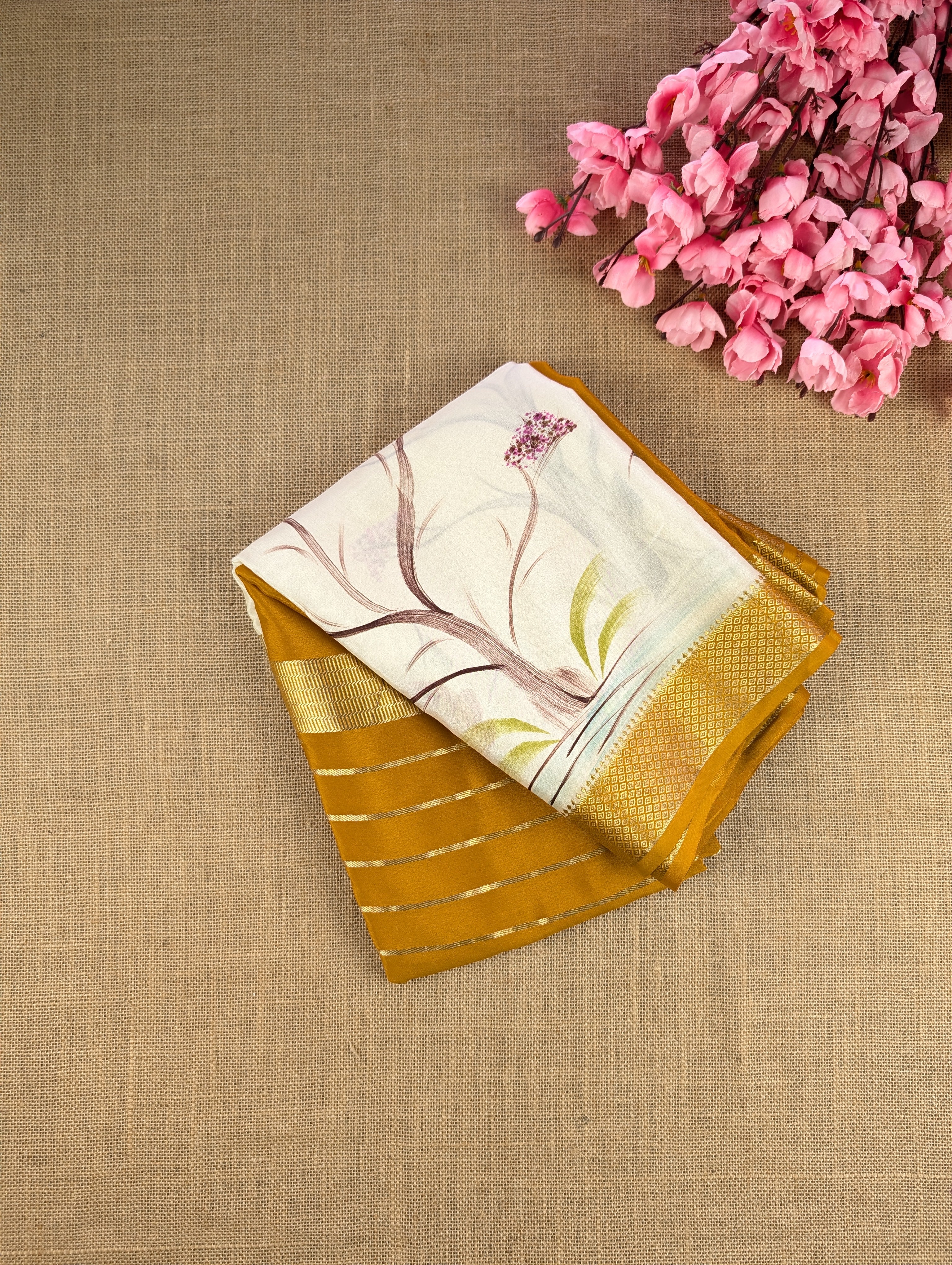 Pure Mysore Silk Crepe - Mustard & Cream Hand Brush Paint Saree