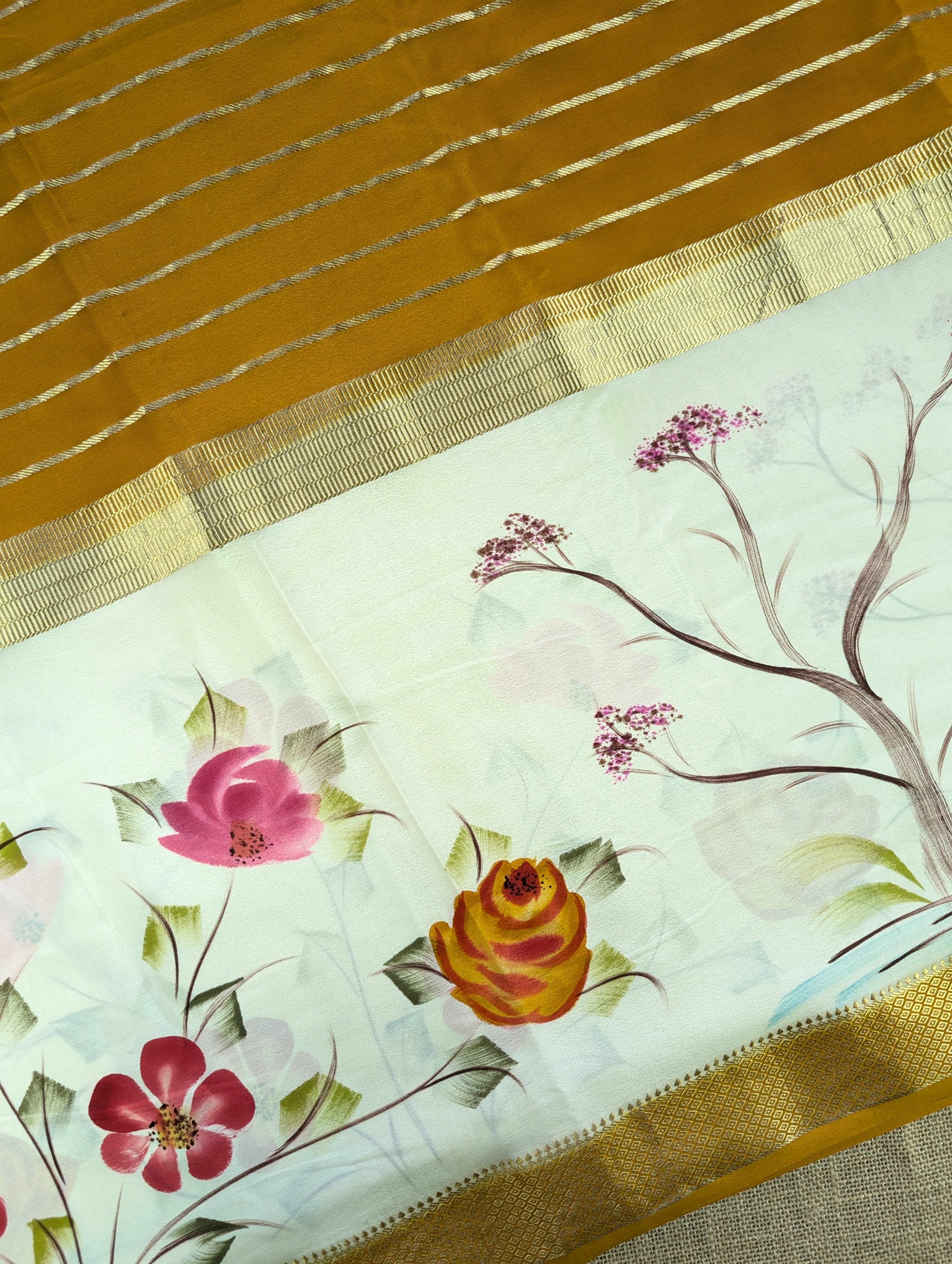 Pure Mysore Silk Crepe - Mustard & Cream Hand Brush Paint Saree