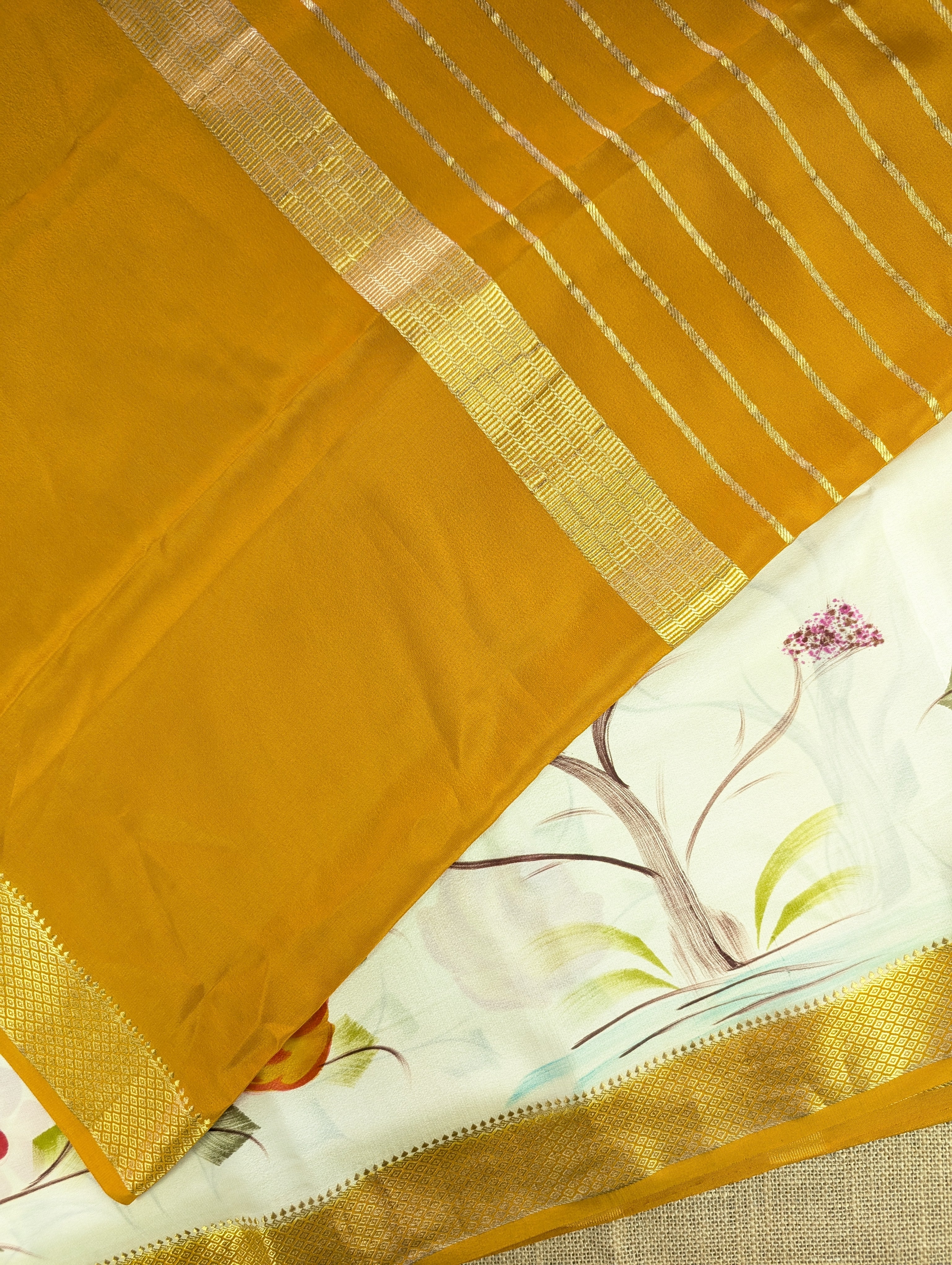 Pure Mysore Silk Crepe - Mustard & Cream Hand Brush Paint Saree