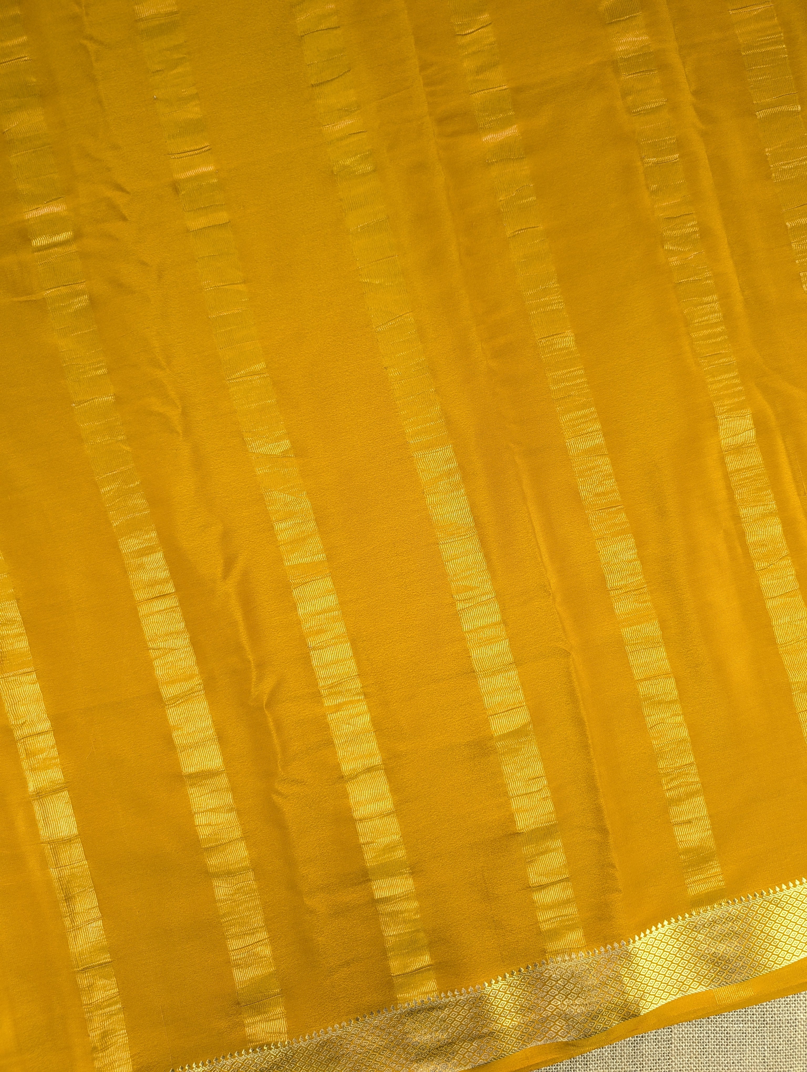 Pure Mysore Silk Crepe - Mustard & Cream Hand Brush Paint Saree