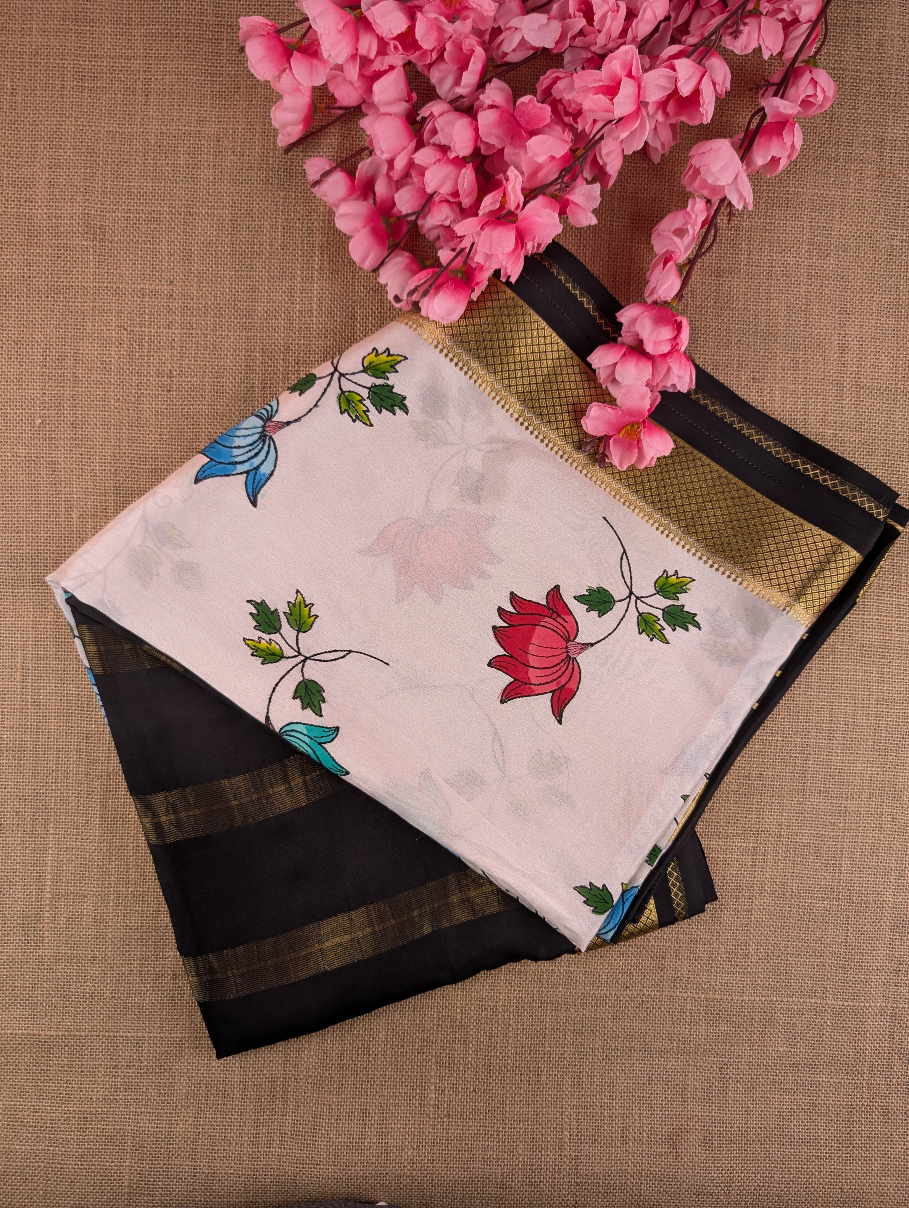Pure Mysore Silk Crepe - Black & White Hand Brush Paint Saree