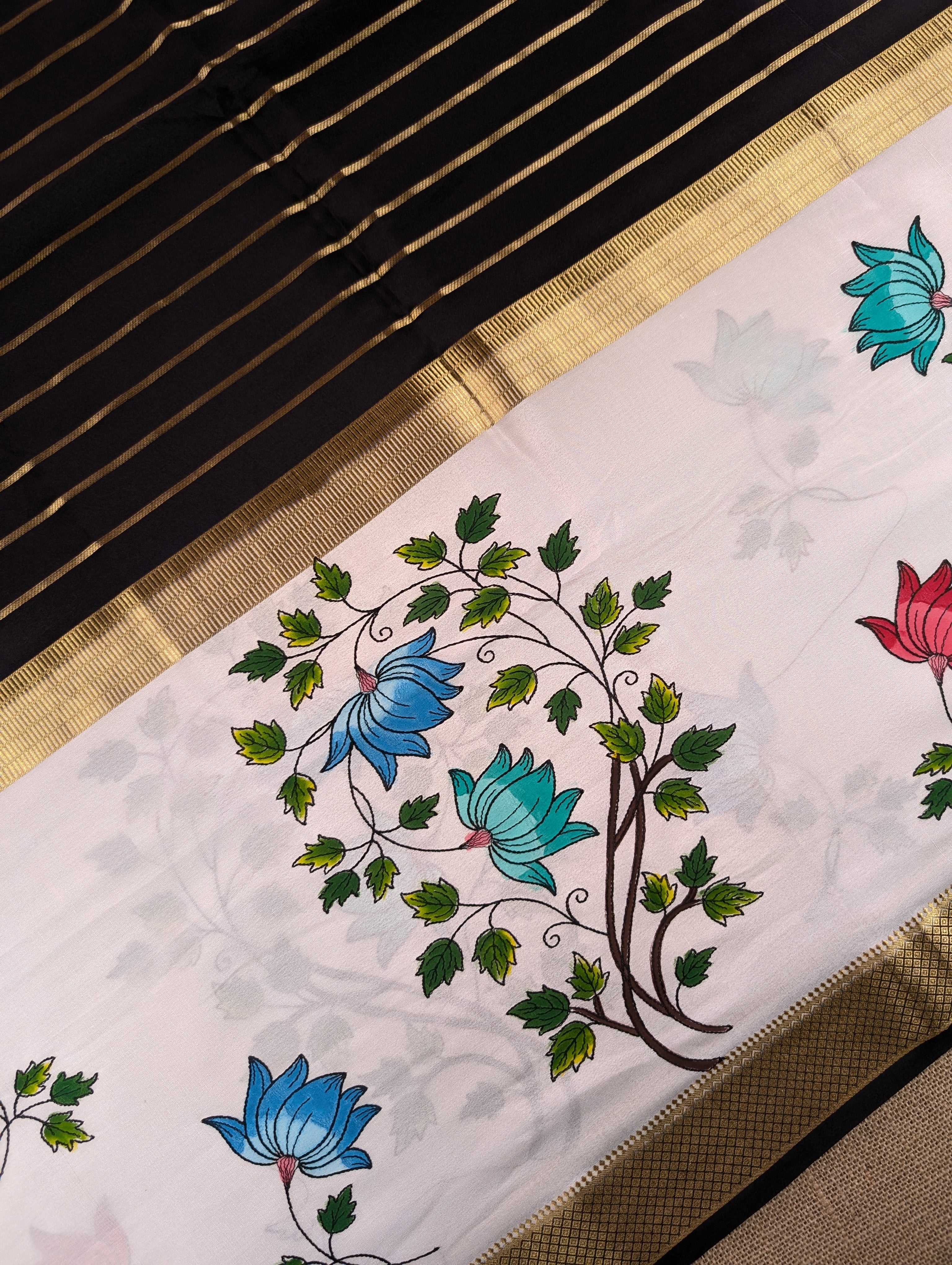 Pure Mysore Silk Crepe - Black & White Hand Brush Paint Saree