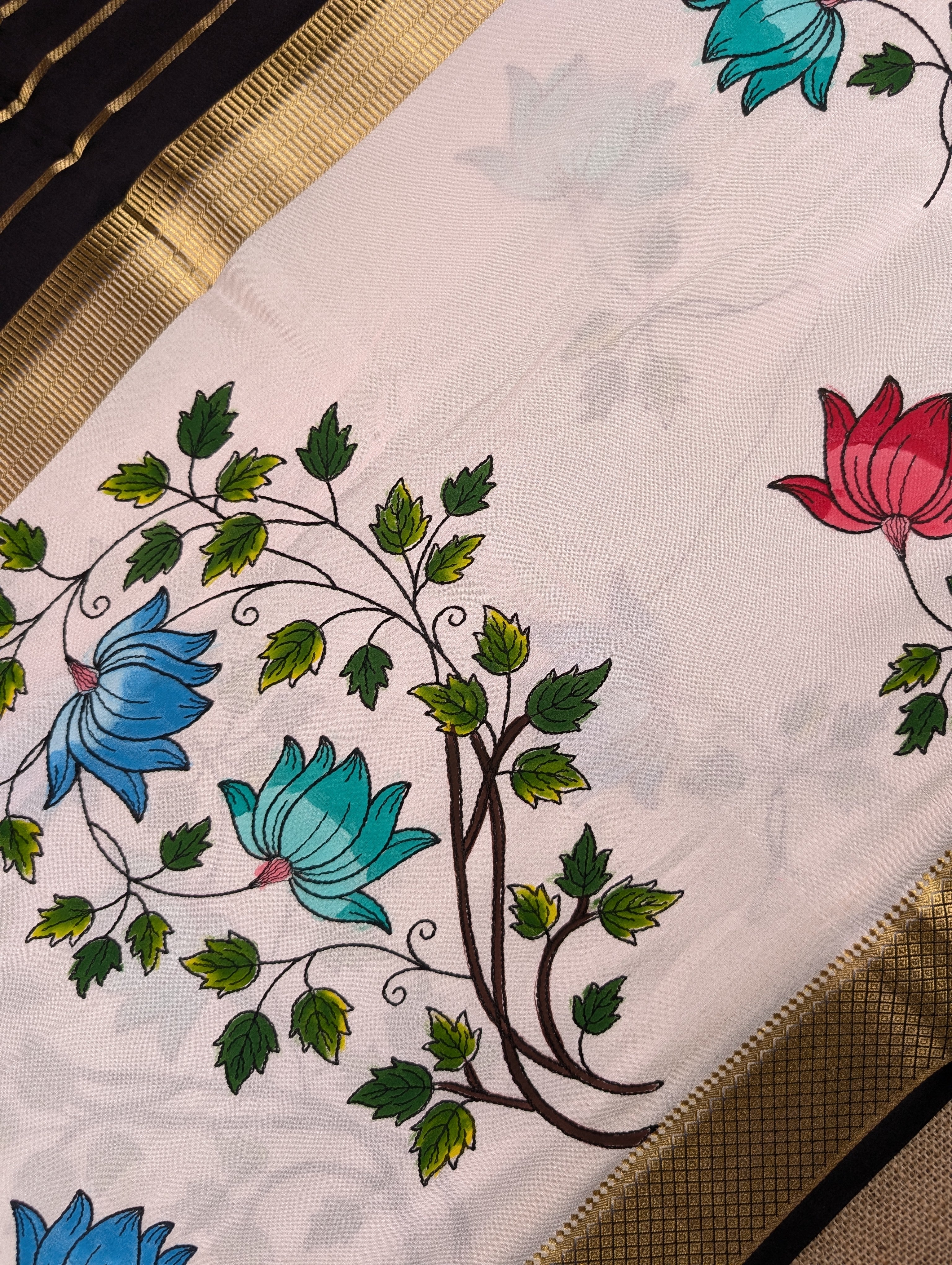 Pure Mysore Silk Crepe - Black & White Hand Brush Paint Saree