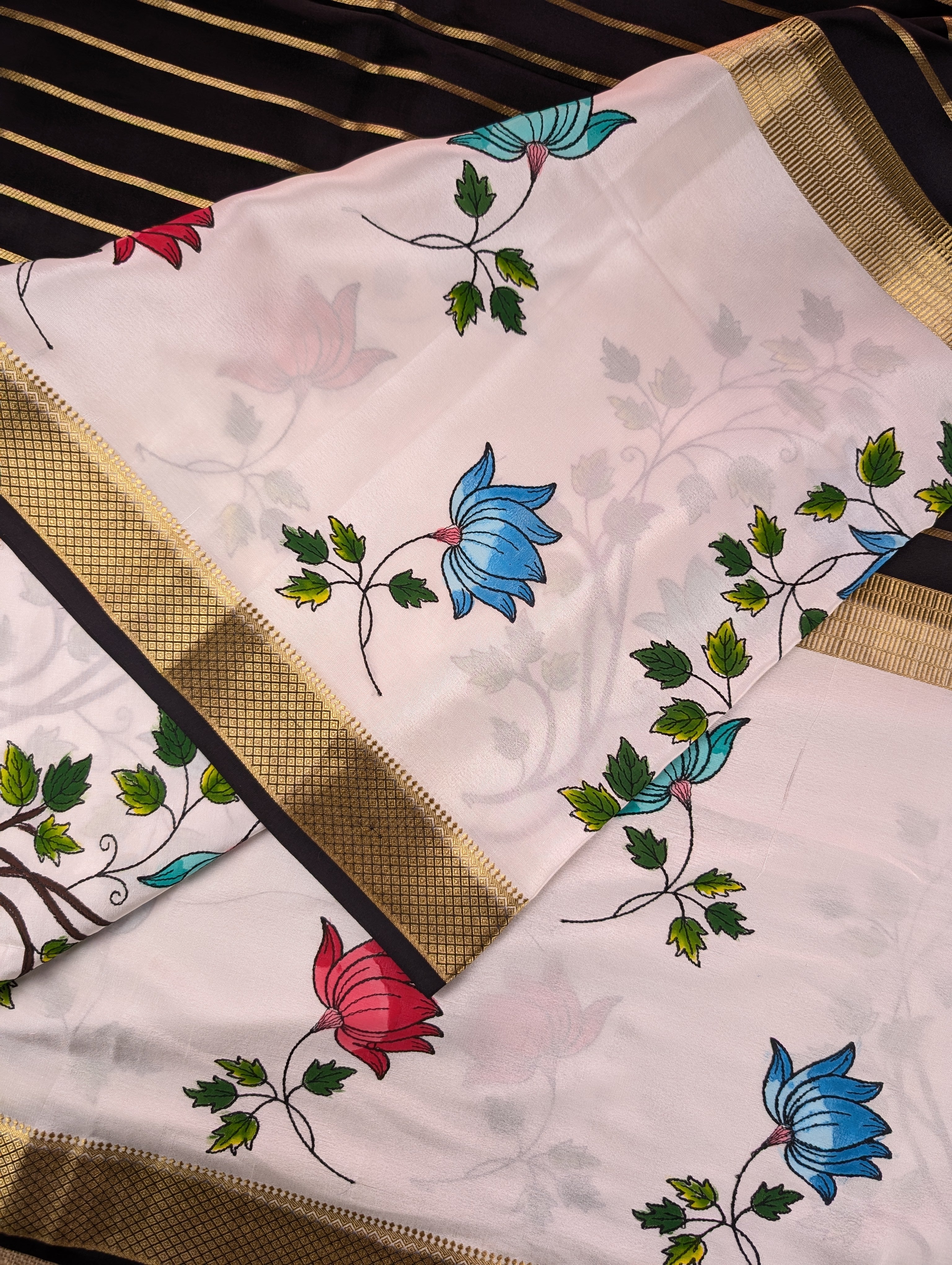 Pure Mysore Silk Crepe - Black & White Hand Brush Paint Saree