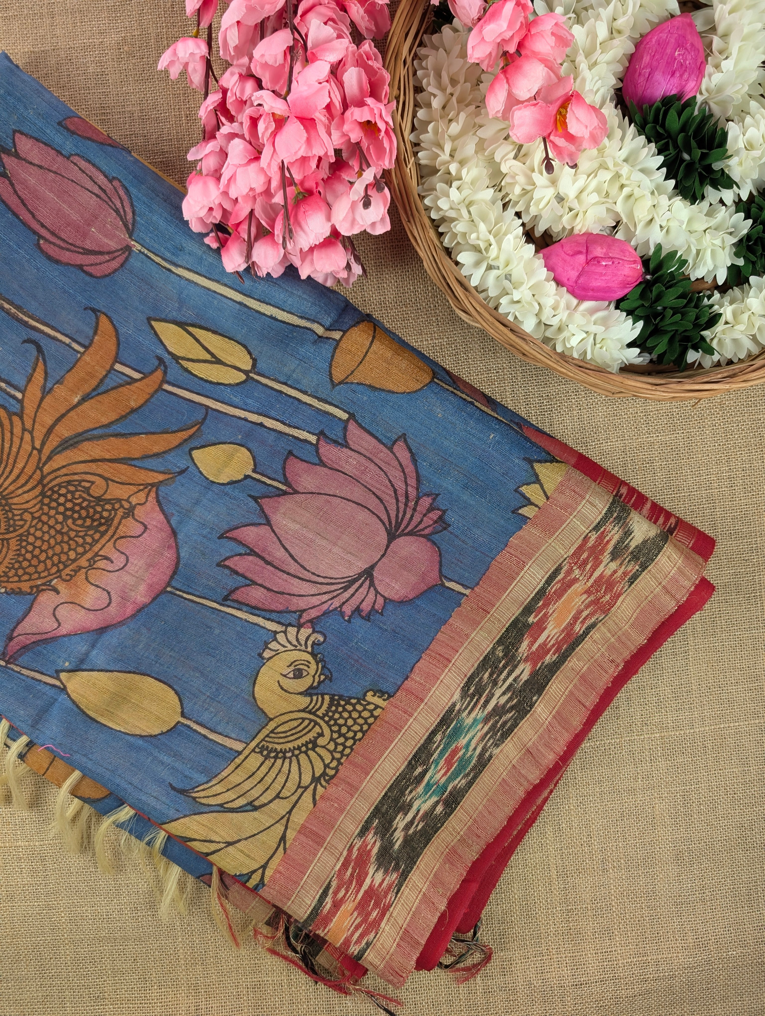 Vidharba Tussar X Pen Kalamkari - Blue w/t Red