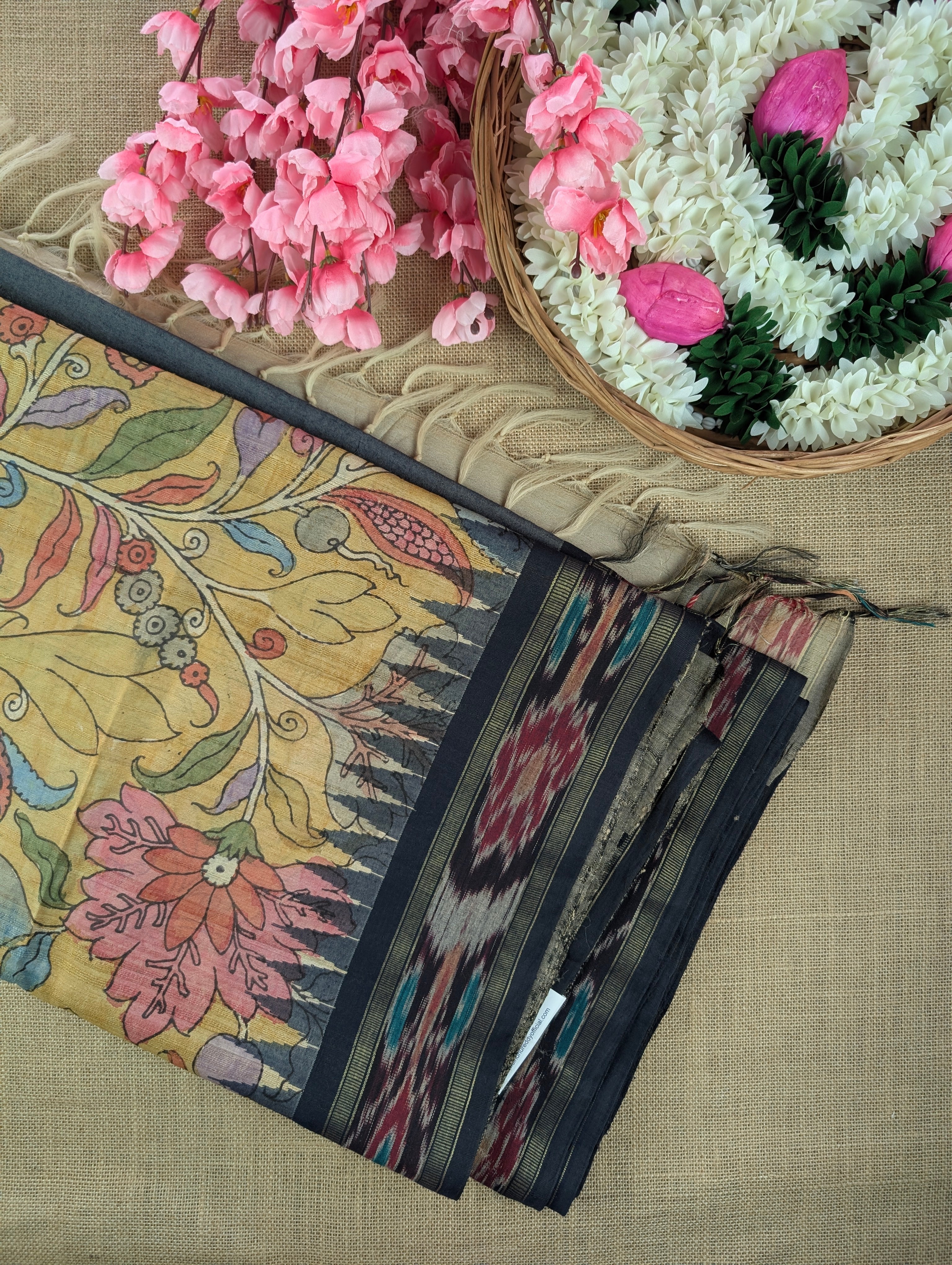 Vidharba Tussar X Pen Kalamkari - Mustard Yellow w/t Black