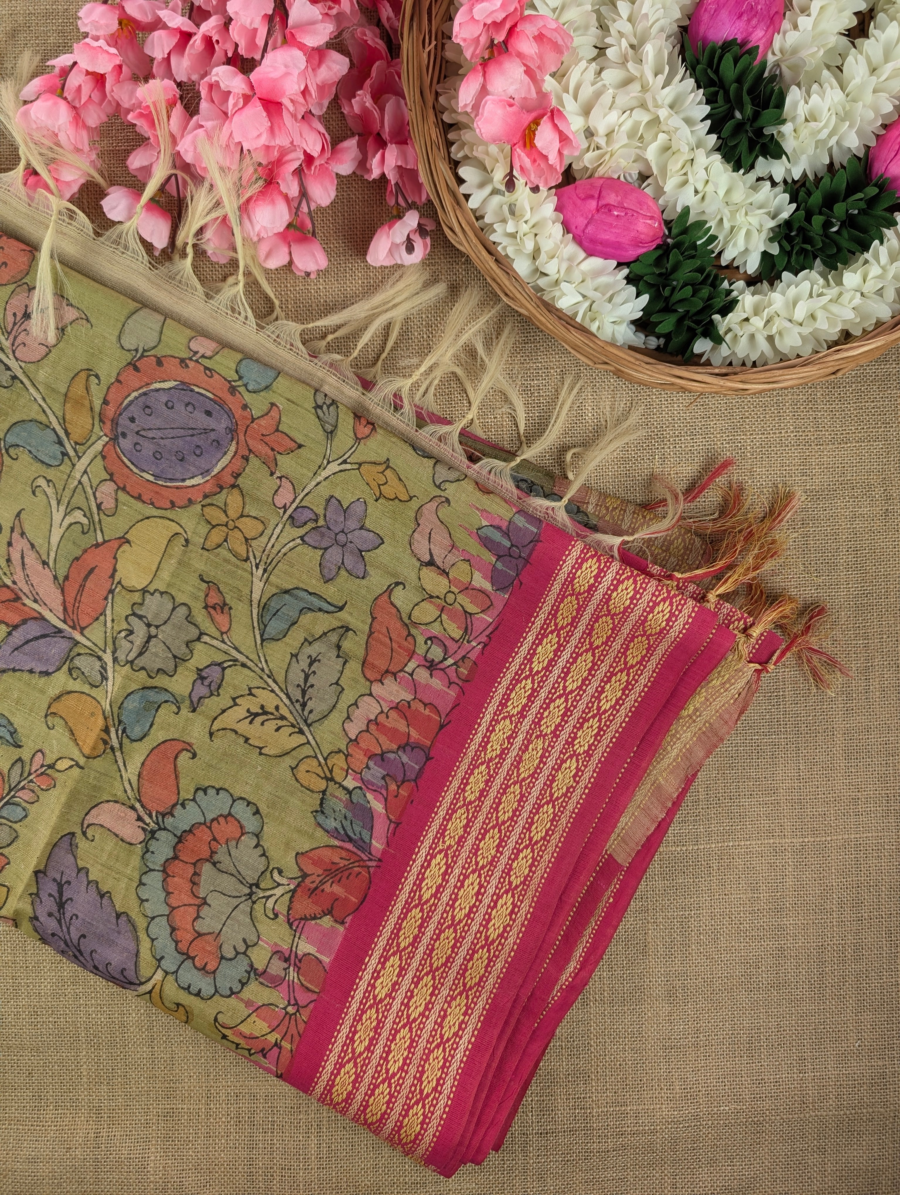 Vidharba Tussar X Pen Kalamkari – Olive Green w/t Pink