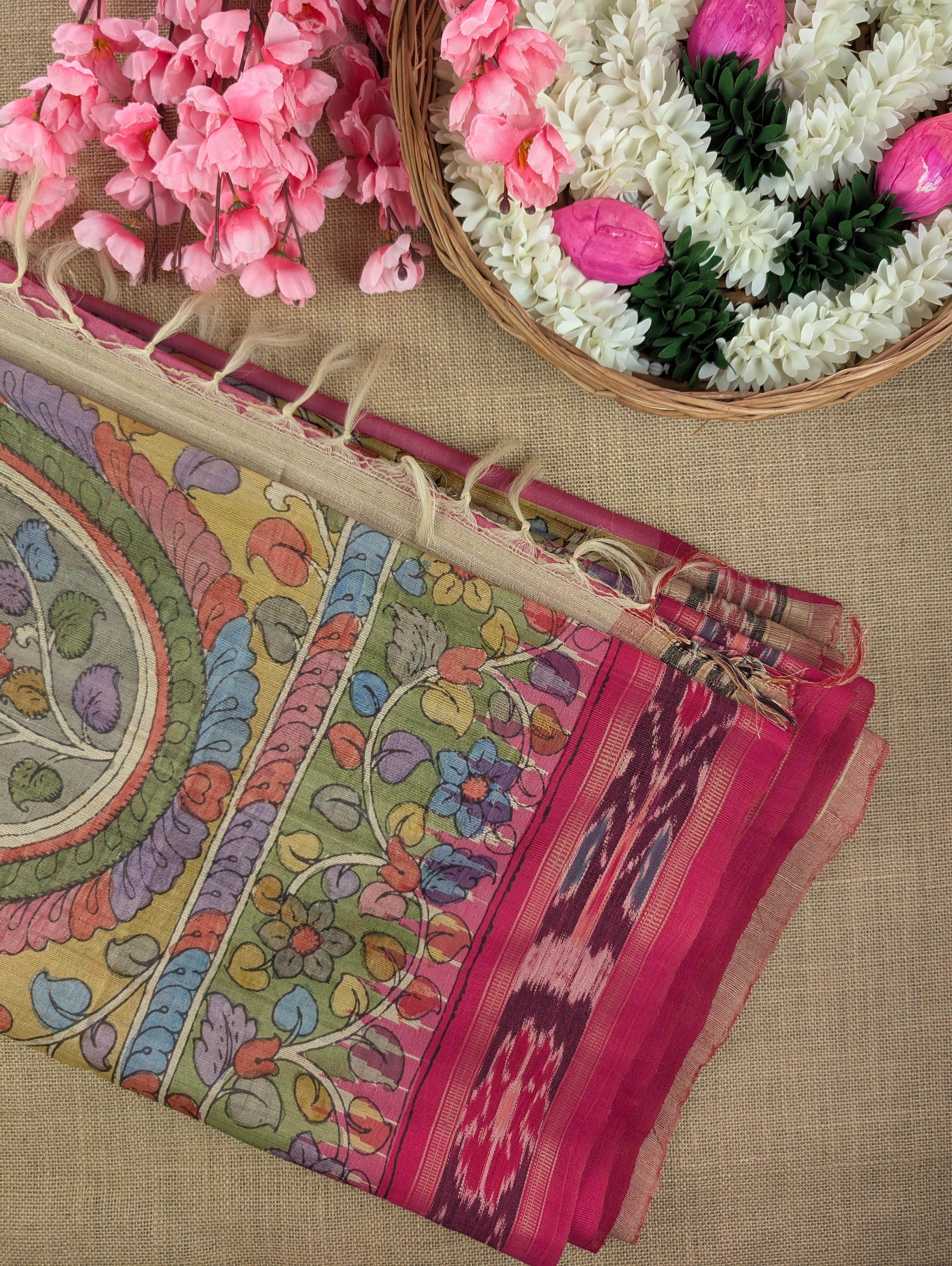 Vidharba Tussar X Pen Kalamkari – Mustard w/t Magenta