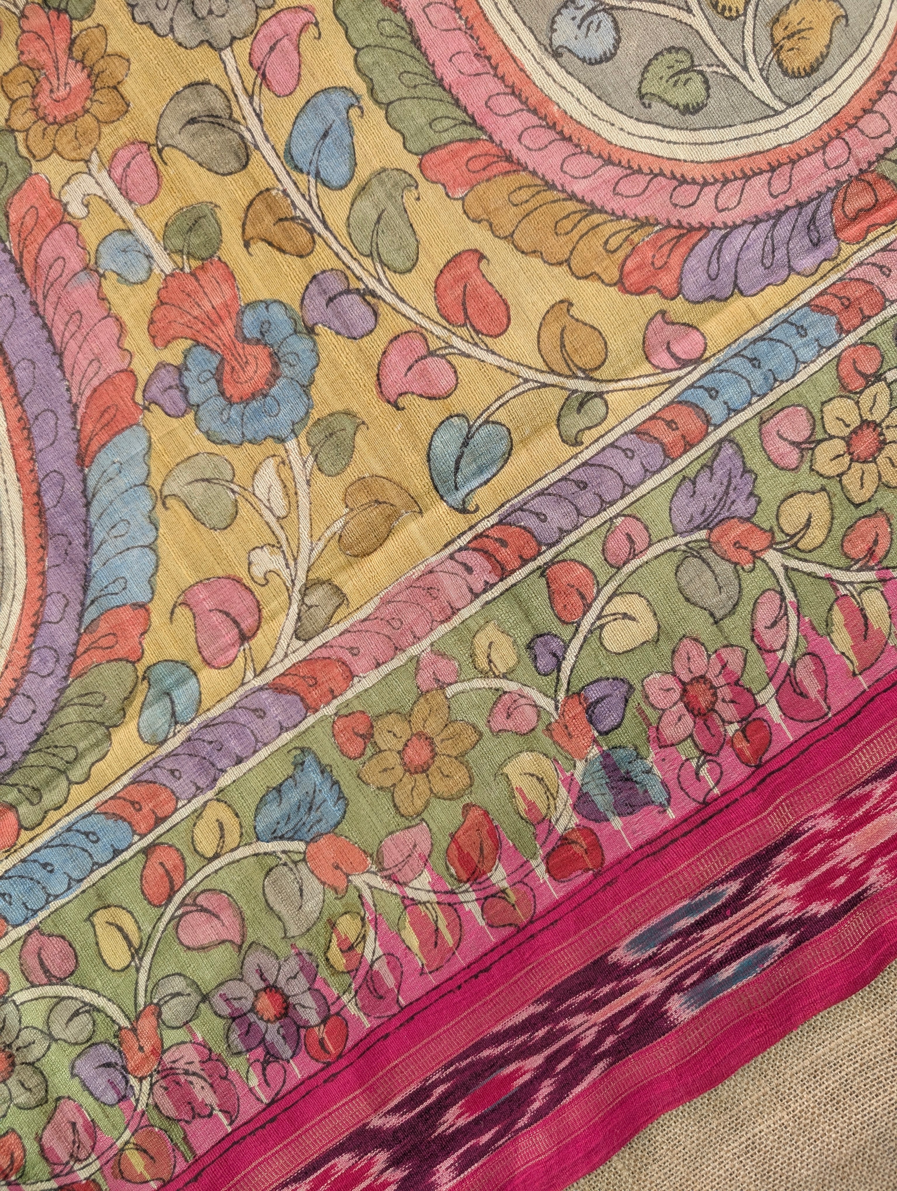 Vidharba Tussar X Pen Kalamkari – Mustard w/t Magenta