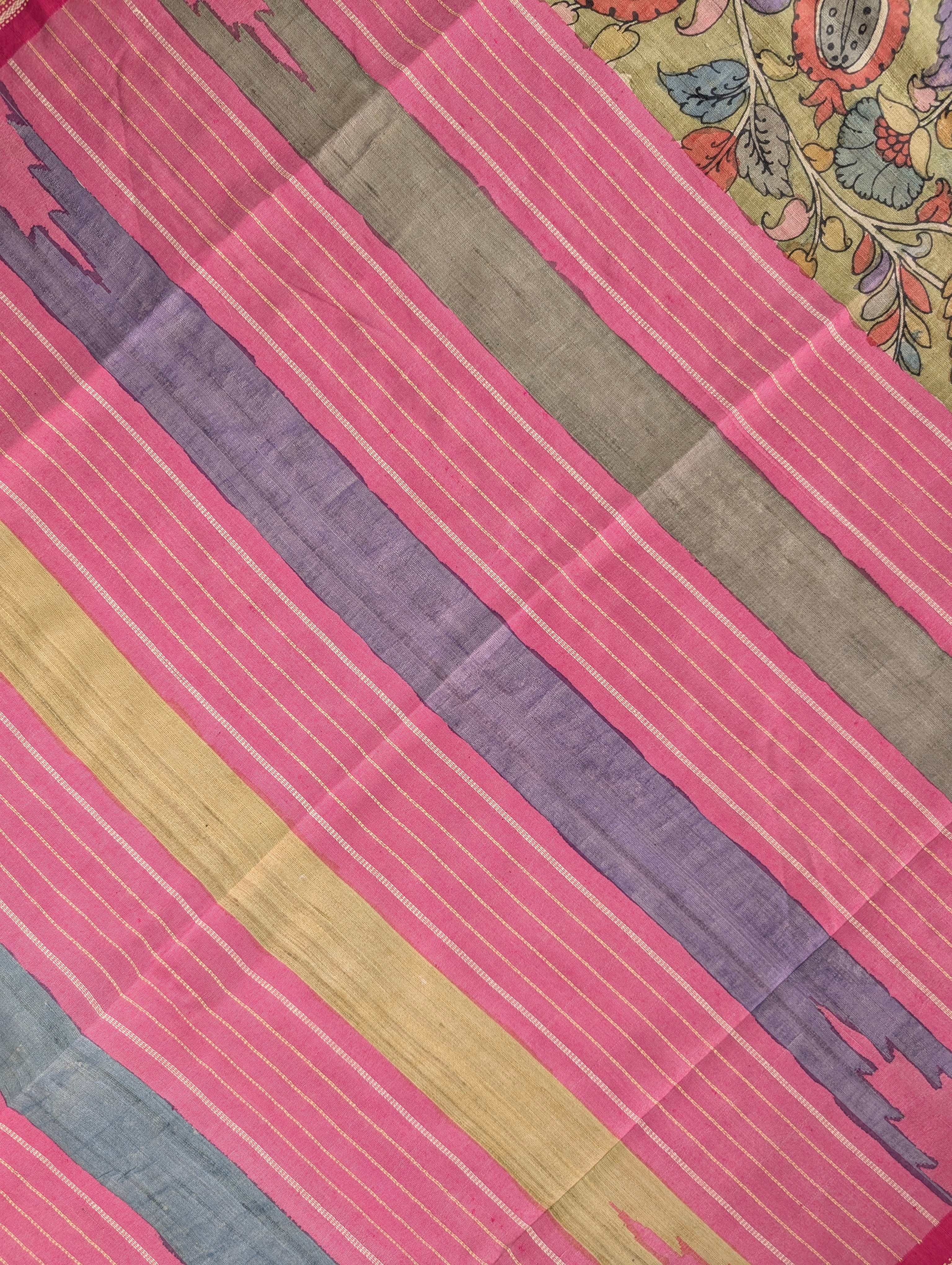 Vidharba Tussar X Pen Kalamkari – Olive Green w/t Pink