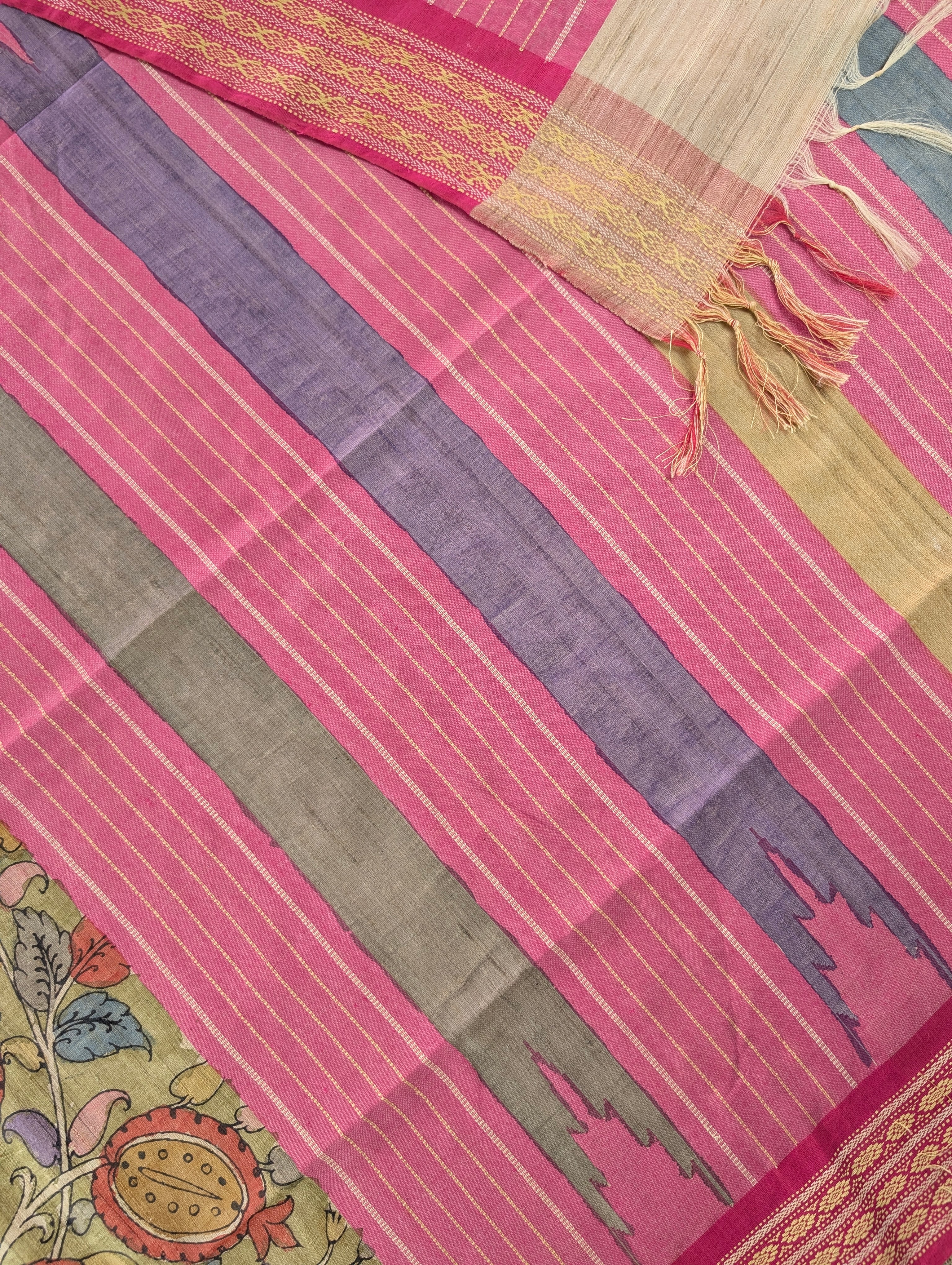 Vidharba Tussar X Pen Kalamkari – Olive Green w/t Pink