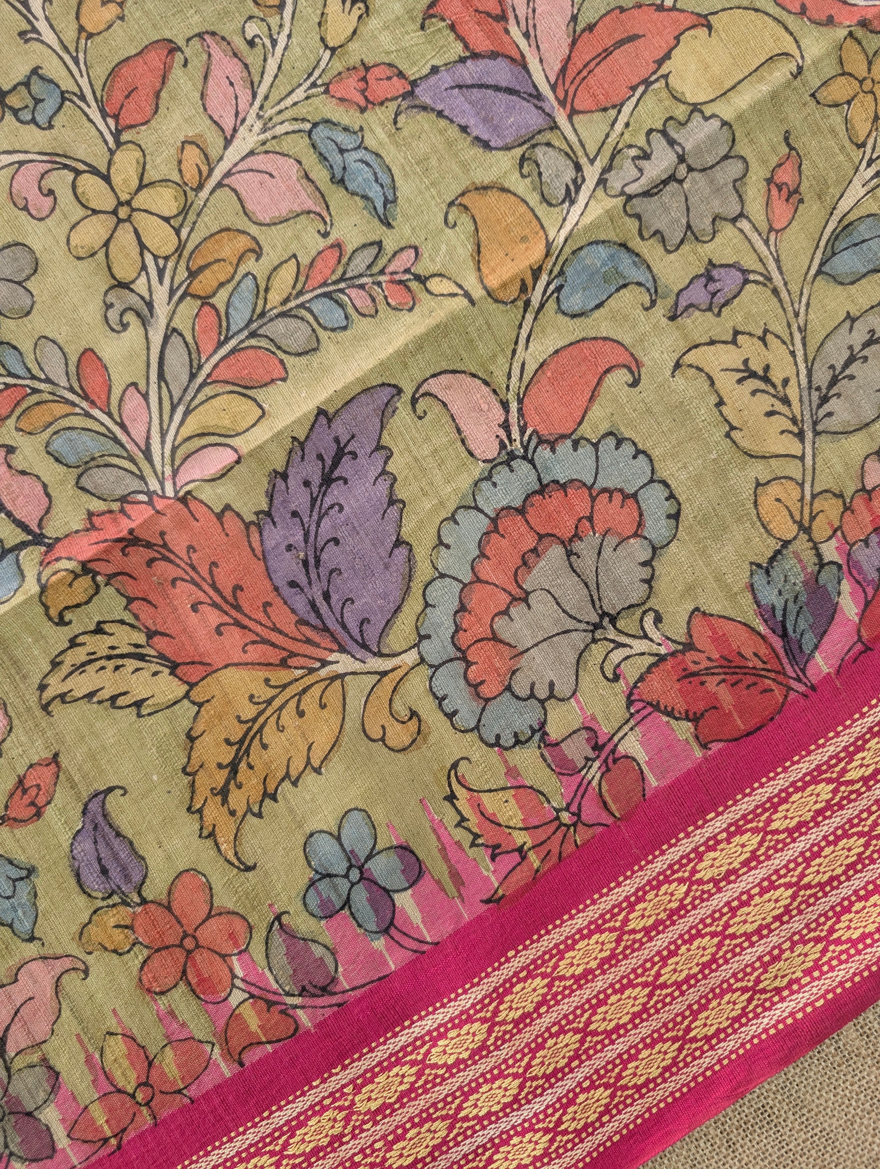 Vidharba Tussar X Pen Kalamkari – Olive Green w/t Pink