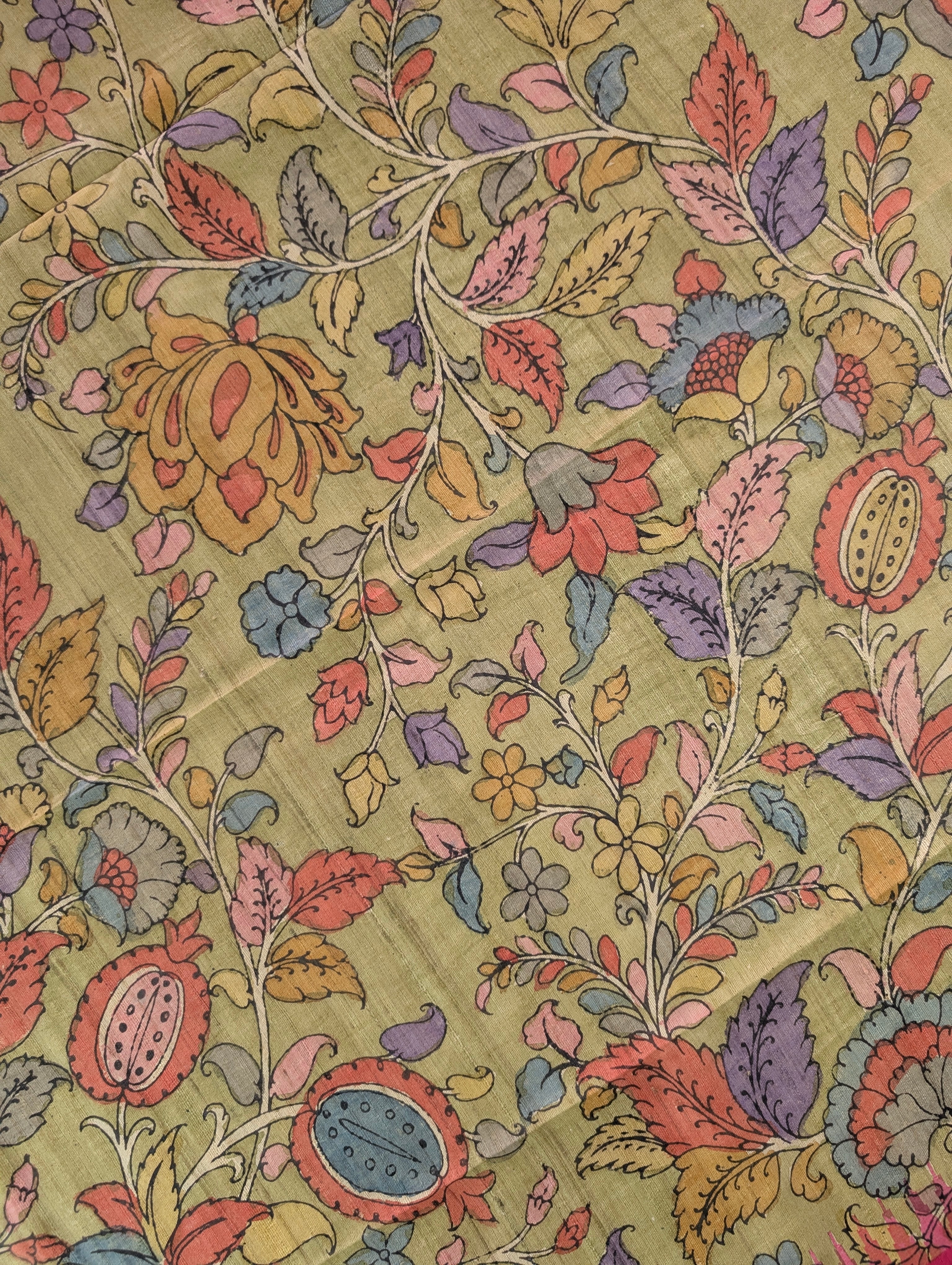 Vidharba Tussar X Pen Kalamkari – Olive Green w/t Pink