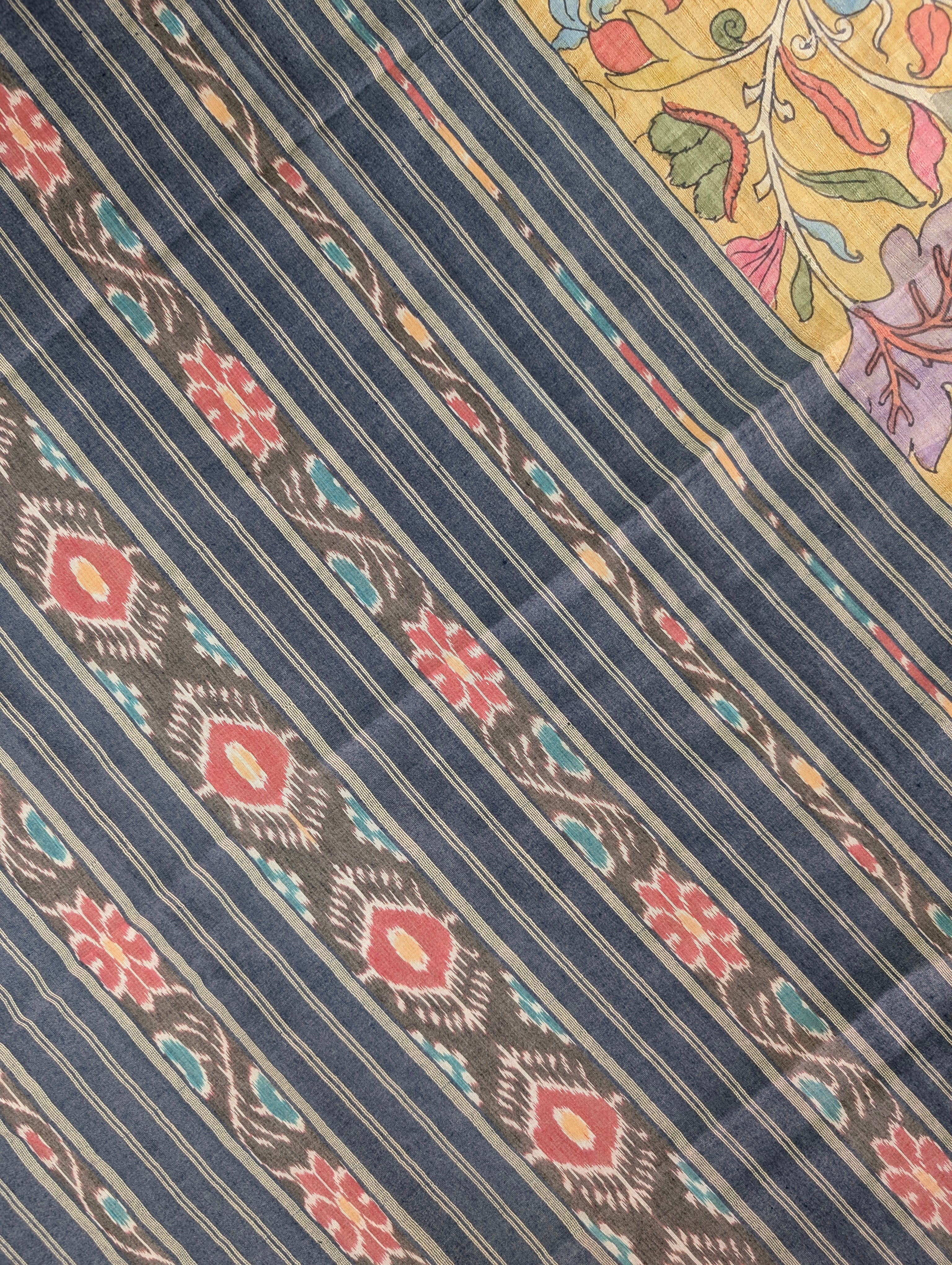 Vidharba Tussar X Pen Kalamkari - Mustard Yellow w/t Black