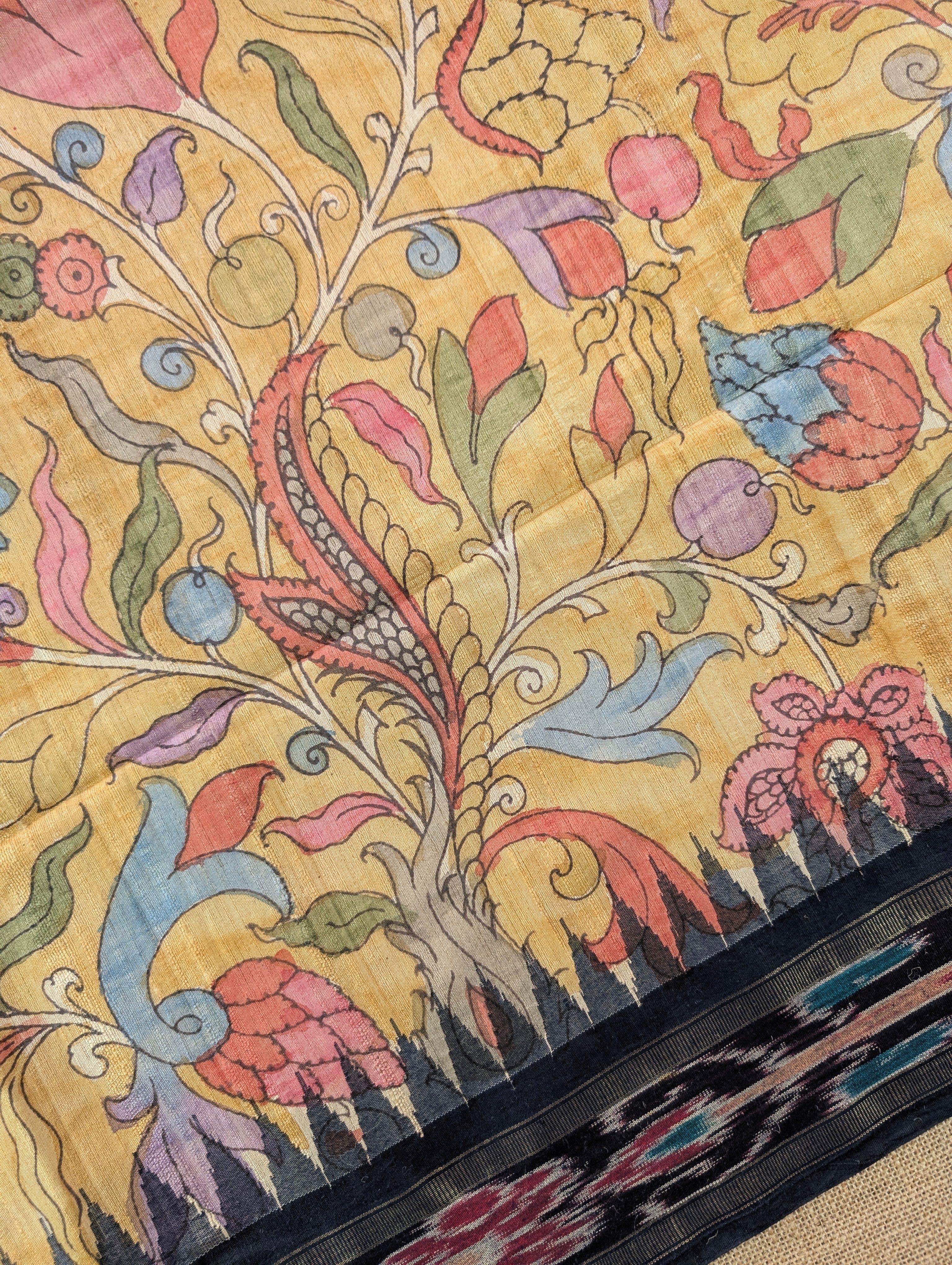 Vidharba Tussar X Pen Kalamkari - Mustard Yellow w/t Black