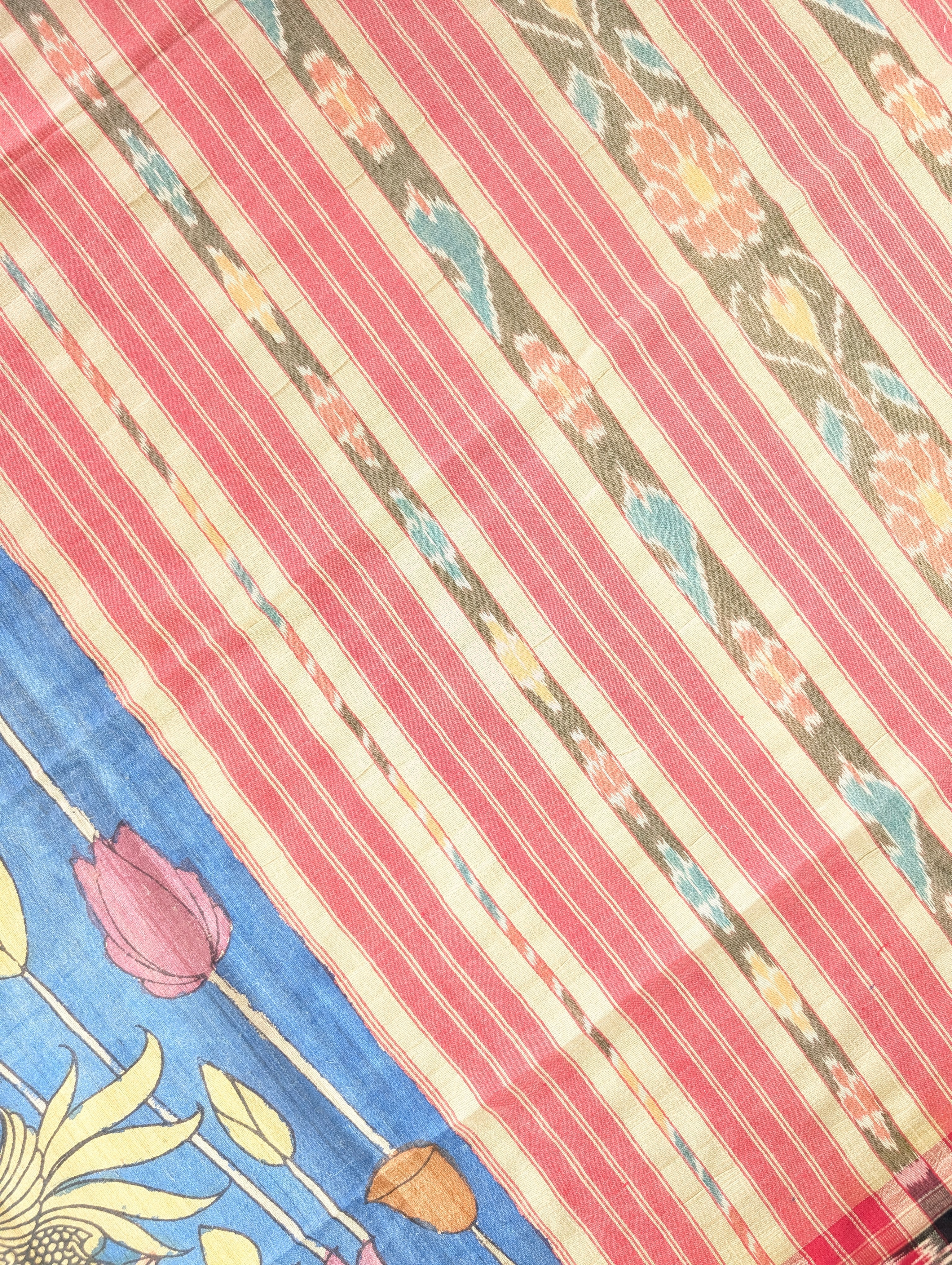 Vidharba Tussar X Pen Kalamkari - Blue w/t Red