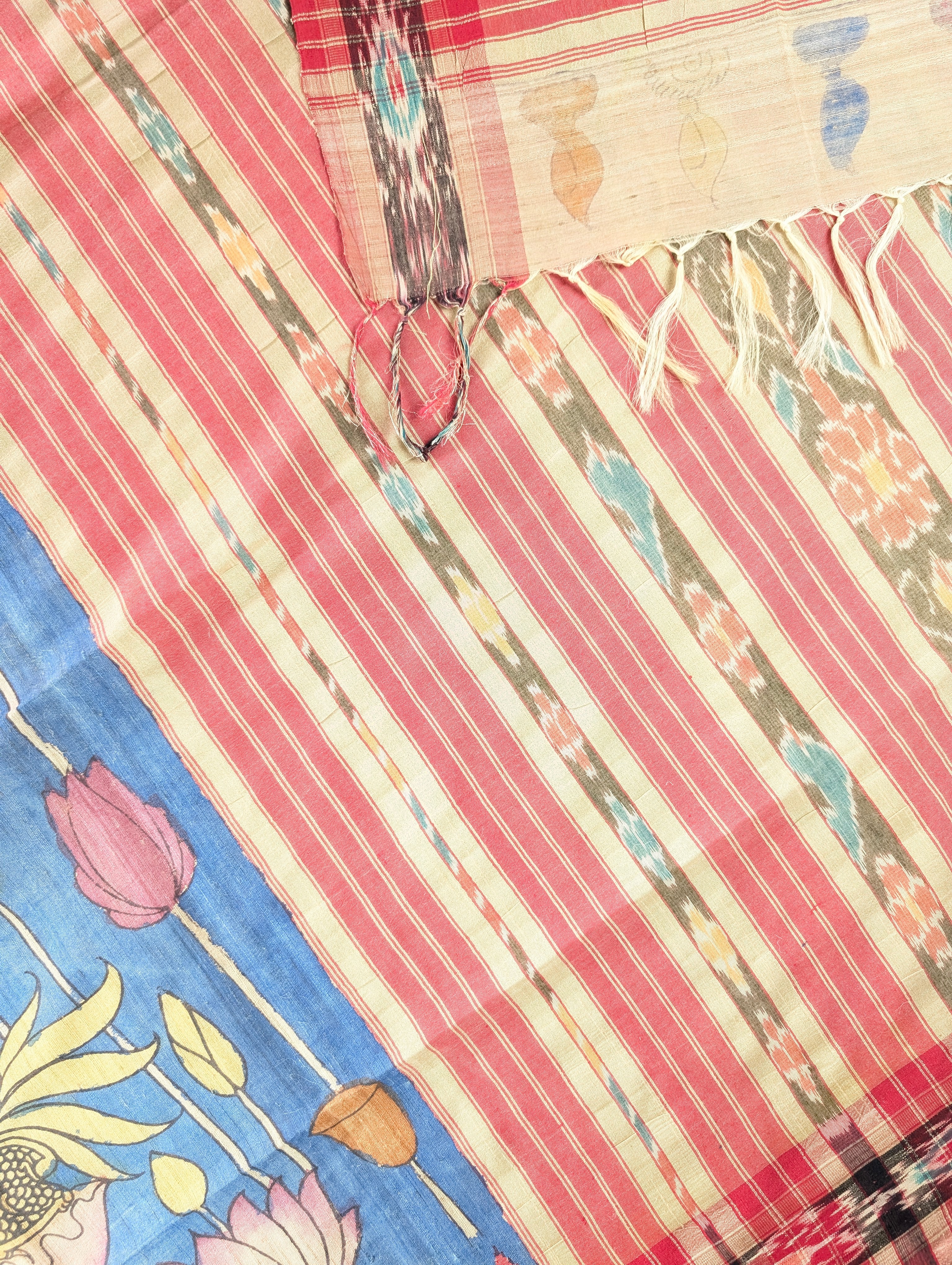 Vidharba Tussar X Pen Kalamkari - Blue w/t Red