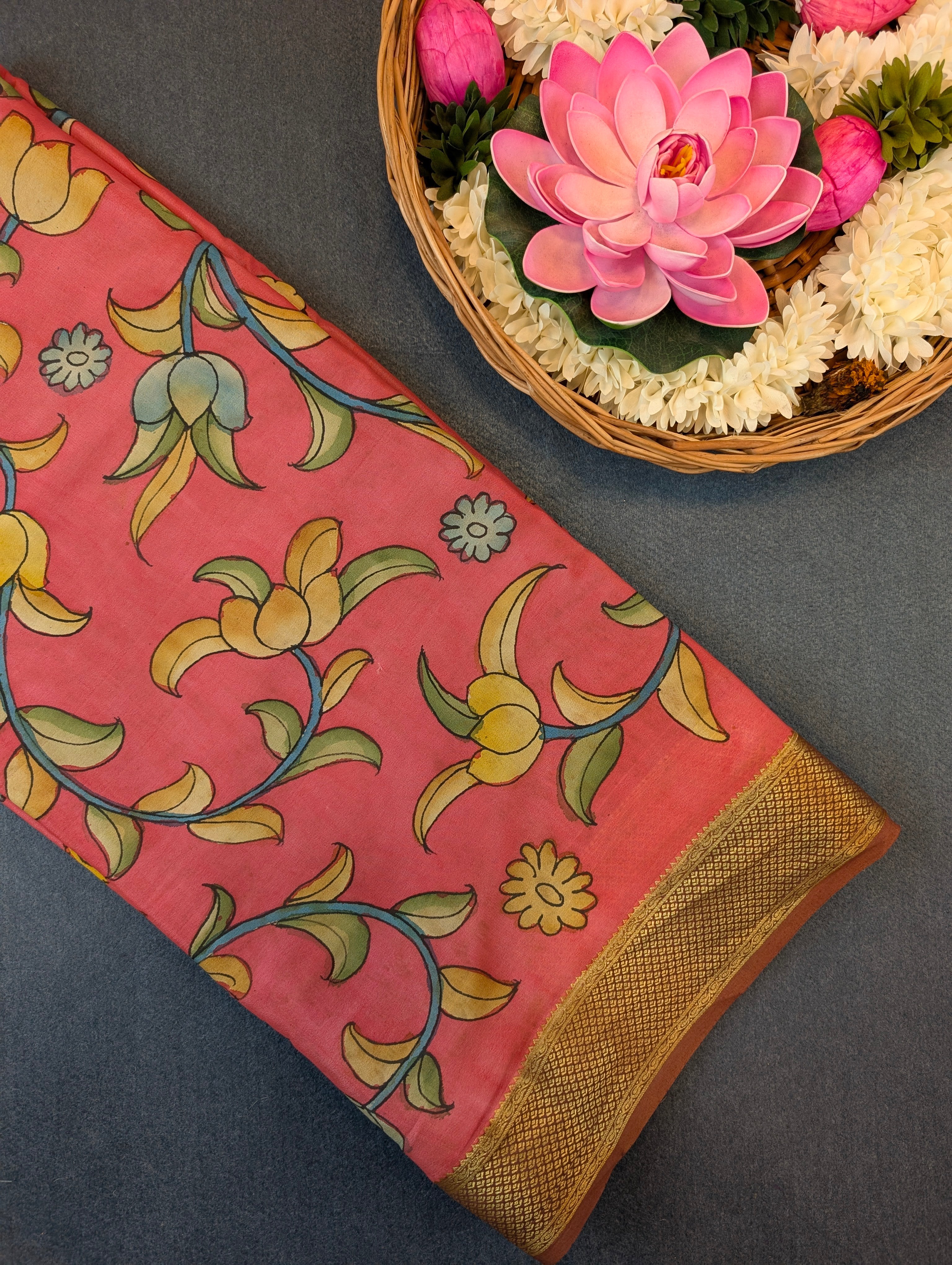 Pure Mysore Silk Crepe X Pen Kalamkari - Rust Brown