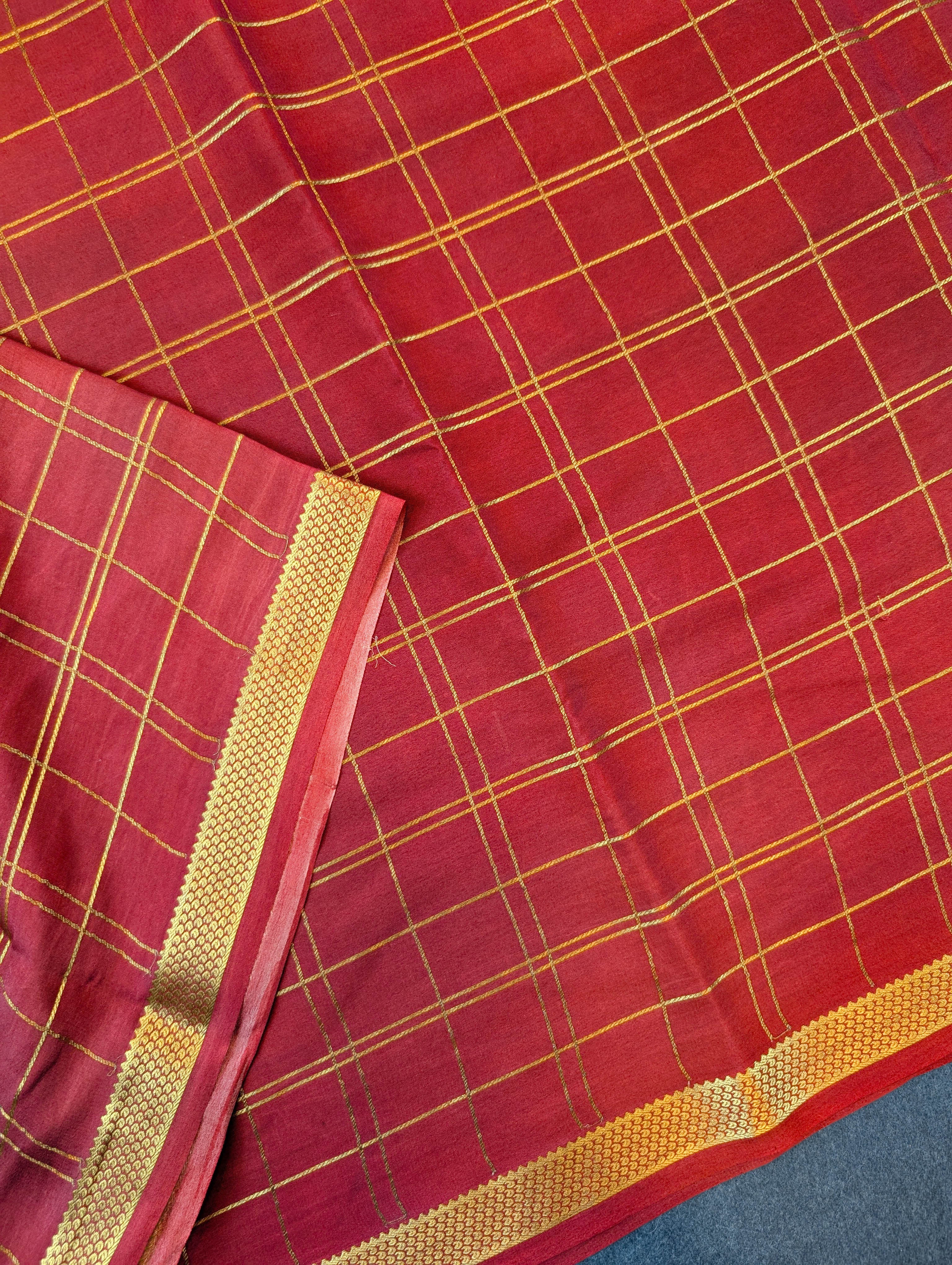 Pure Mysore Silk Crepe X Pen Kalamkari - Cherry Red