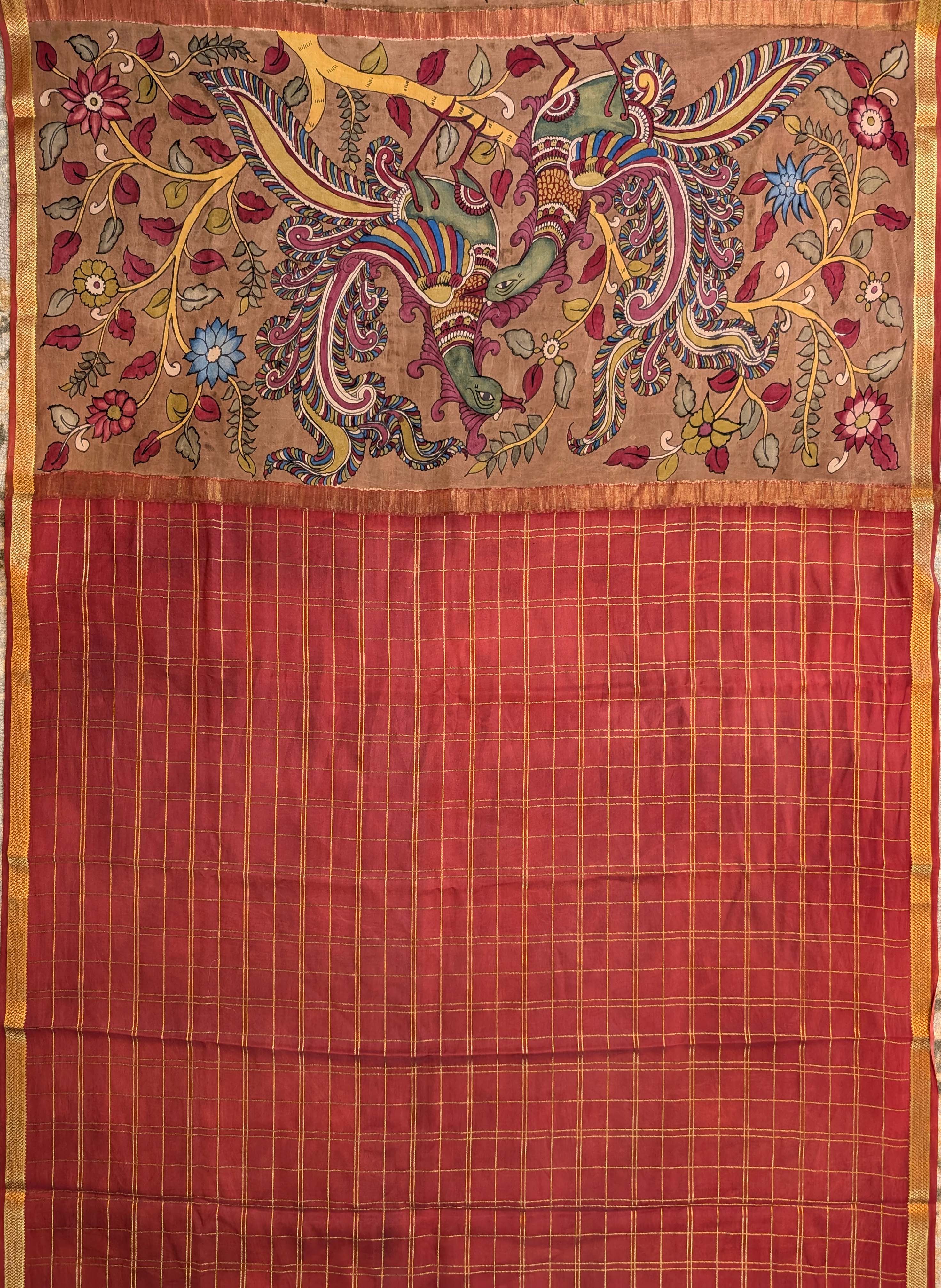 Pure Mysore Silk Crepe X Pen Kalamkari - Cherry Red