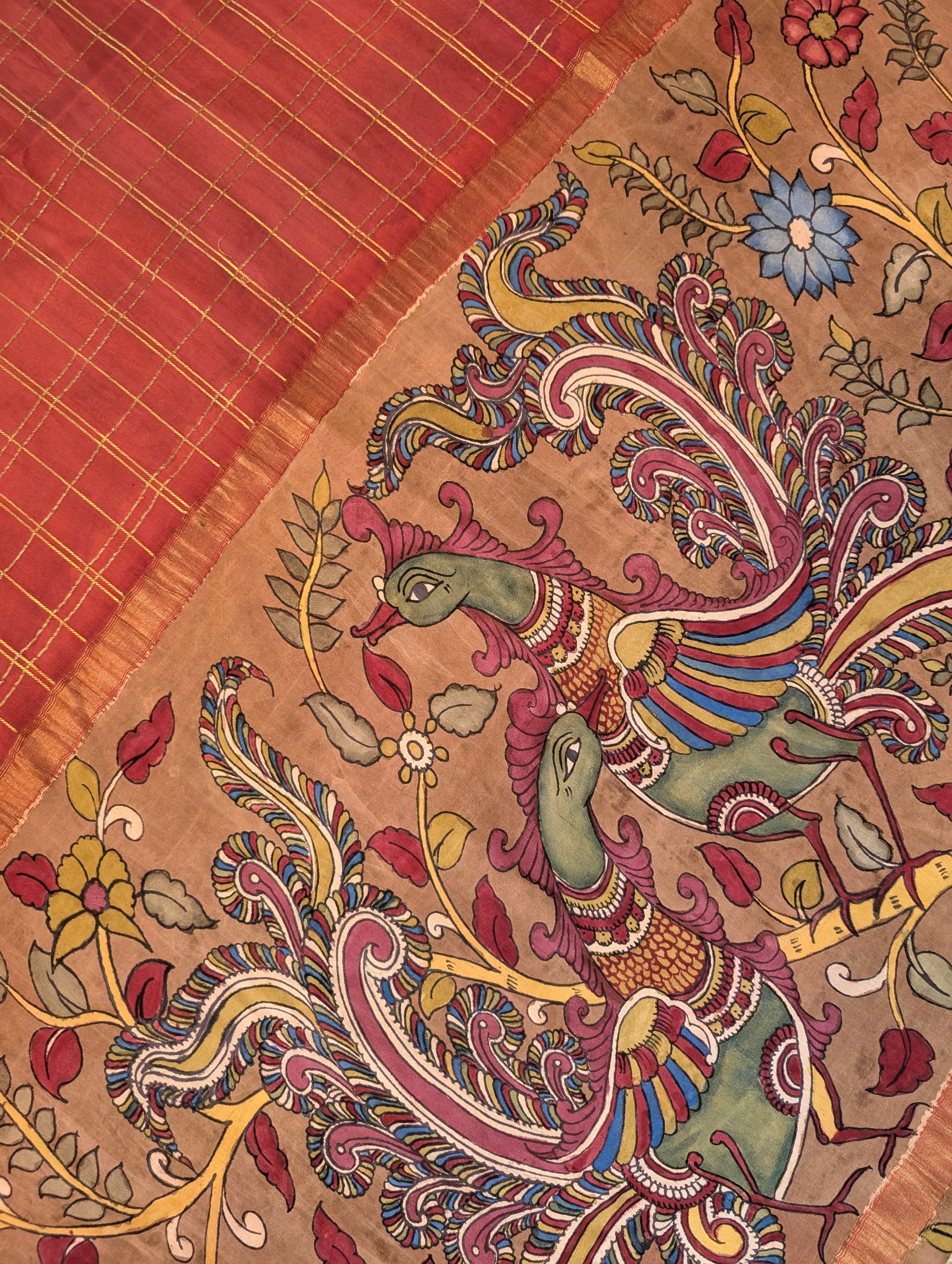 Pure Mysore Silk Crepe X Pen Kalamkari - Cherry Red