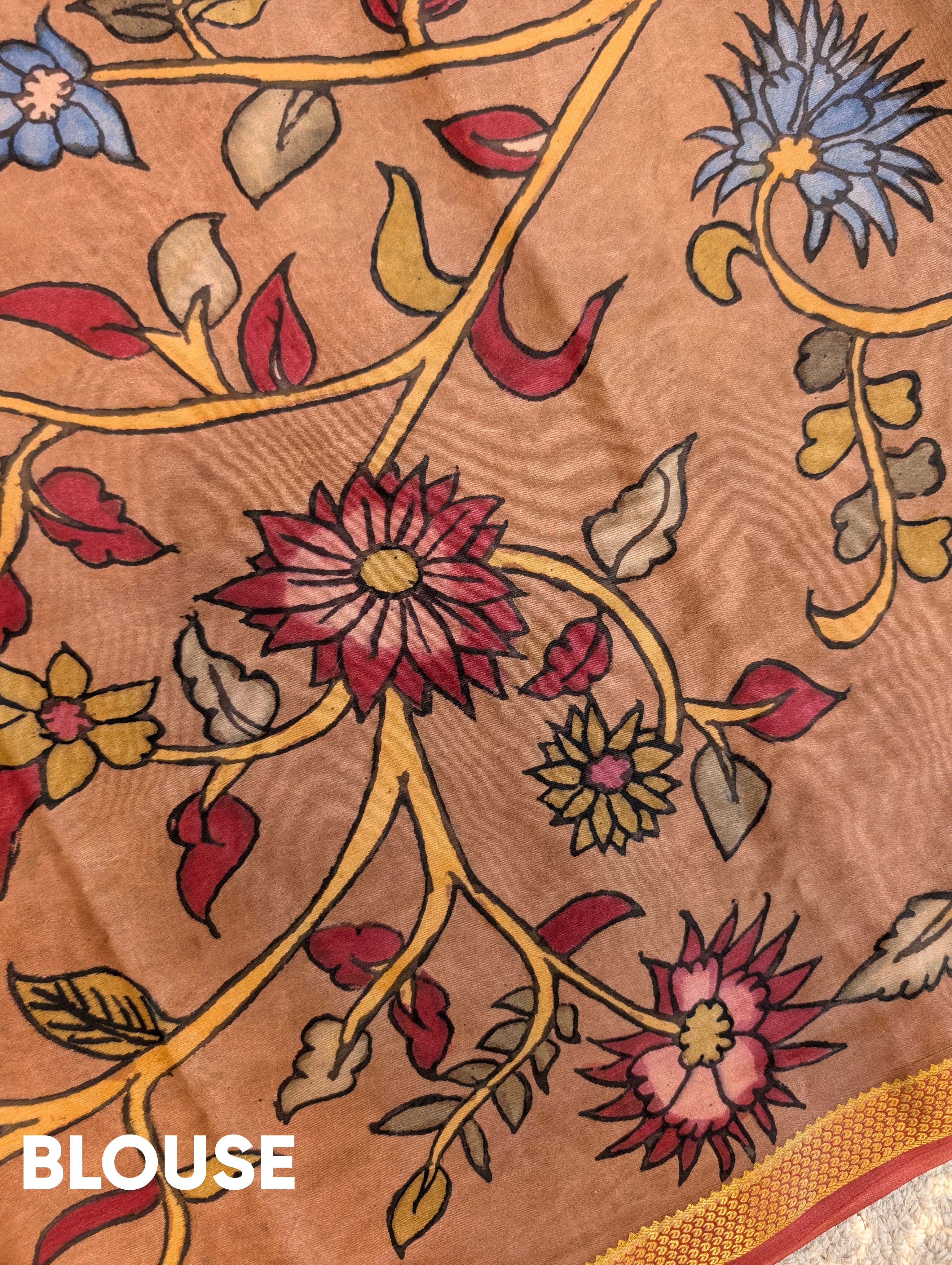 Pure Mysore Silk Crepe X Pen Kalamkari - Cherry Red